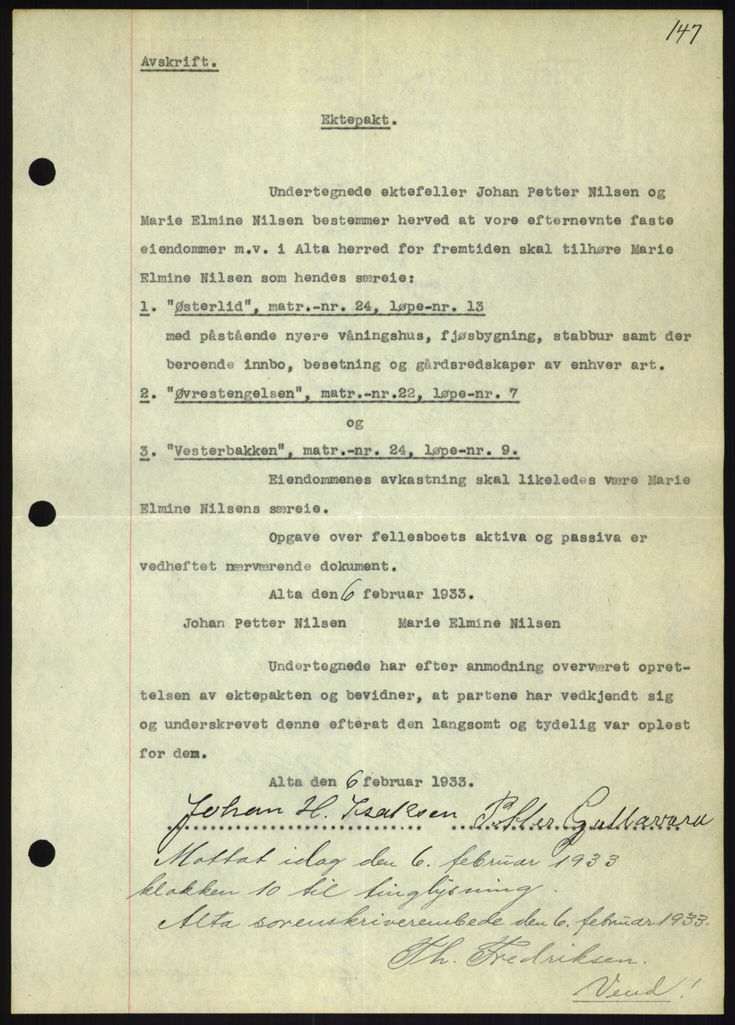 Oslo byskriverembete, AV/SAO-A-10227/2/G/Gb/L0072: Tinglyste ektepakter, Finnmark, bind 1, 1928-1950