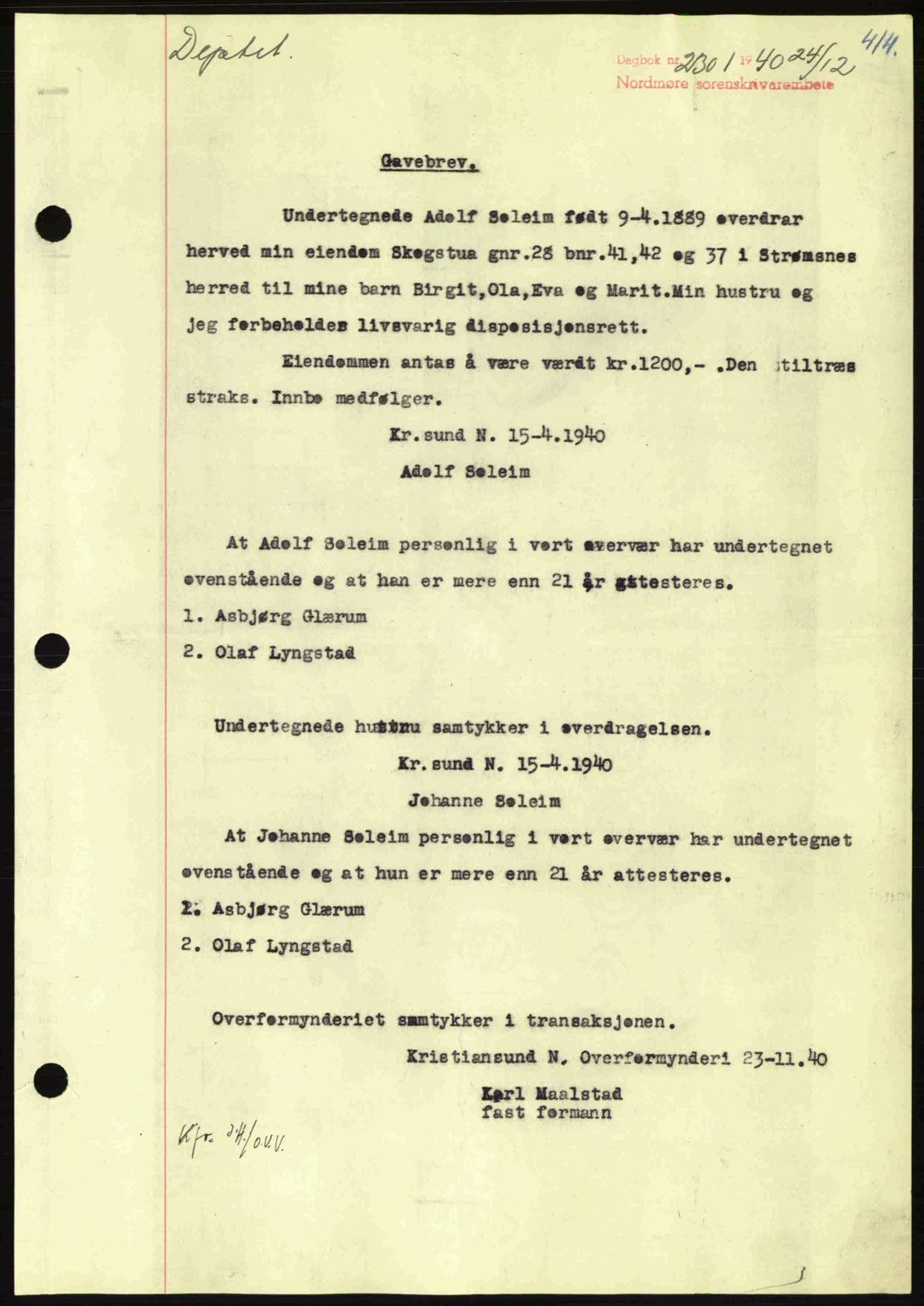 Nordmøre sorenskriveri, SAT/A-4132/1/2/2Ca: Pantebok nr. A89, 1940-1941, Dagboknr: 2301/1940