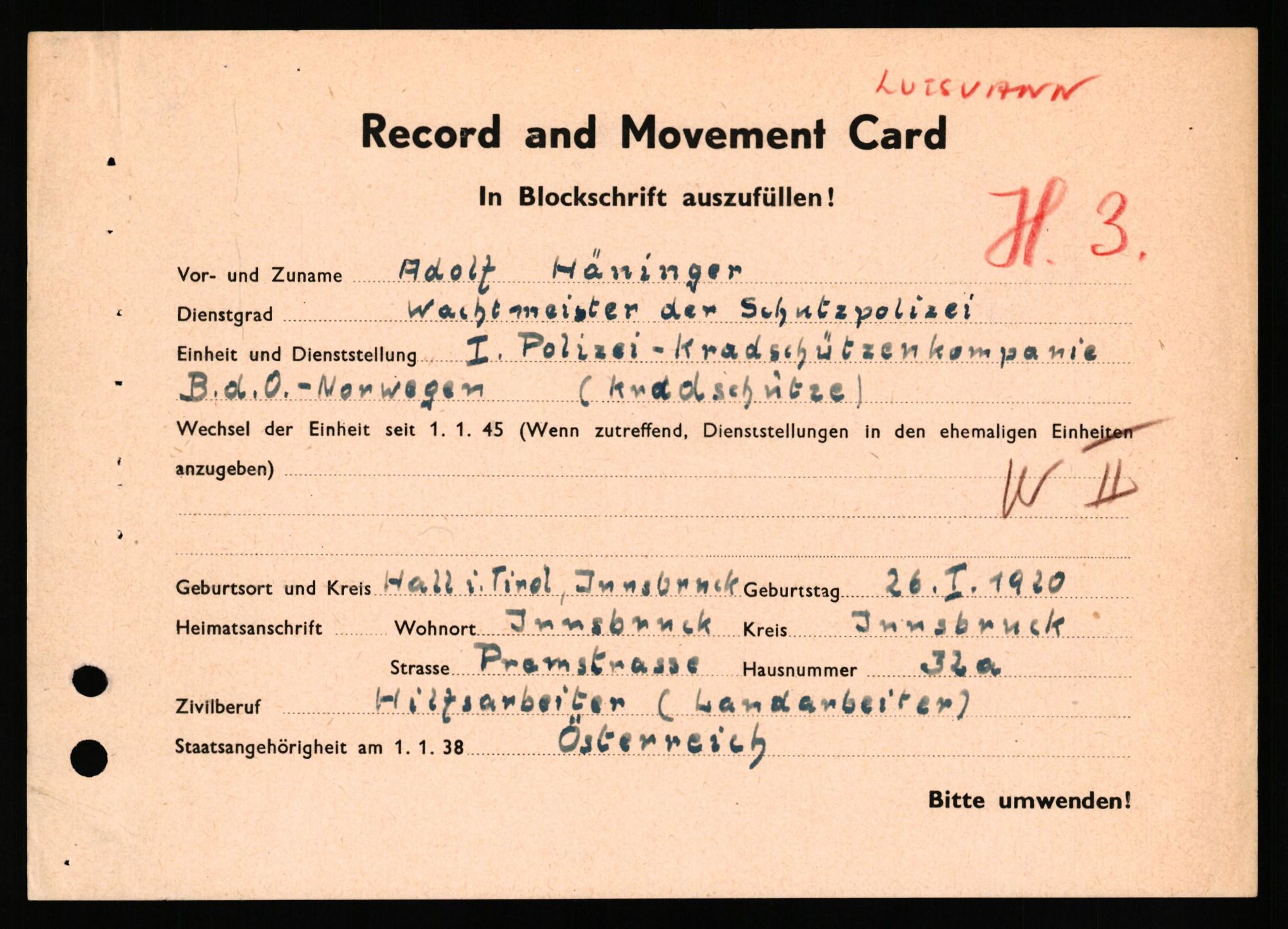 Forsvaret, Forsvarets overkommando II, AV/RA-RAFA-3915/D/Db/L0039: CI Questionaires. Tyske okkupasjonsstyrker i Norge. Østerrikere., 1945-1946, s. 102