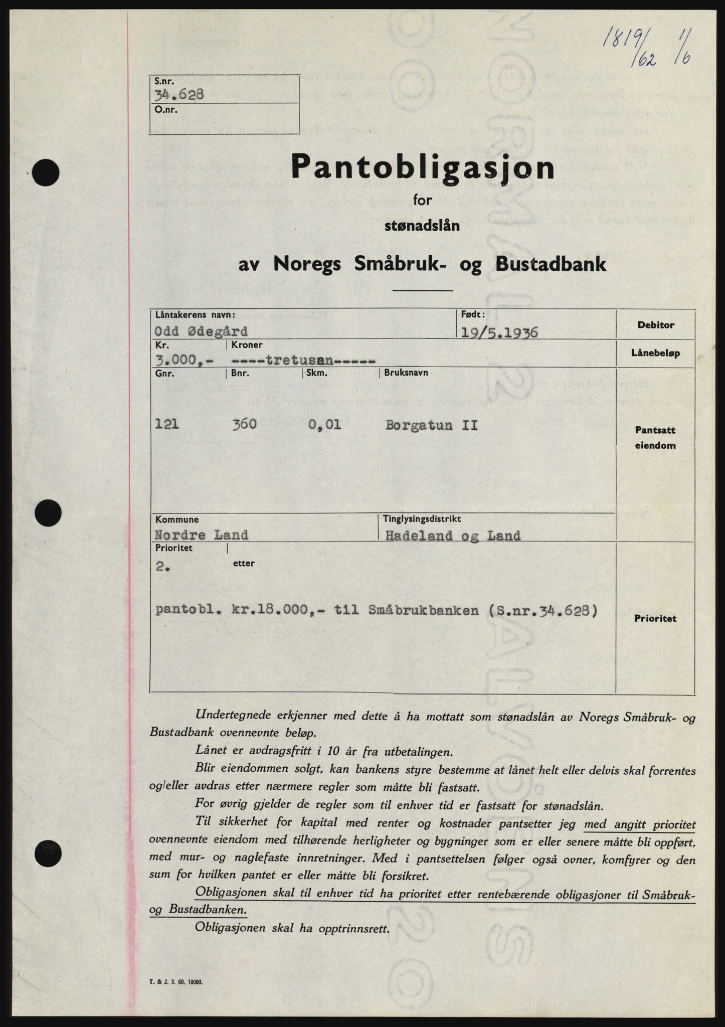 Hadeland og Land tingrett, SAH/TING-010/H/Hb/Hbc/L0048: Pantebok nr. B48, 1962-1962, Dagboknr: 1819/1962