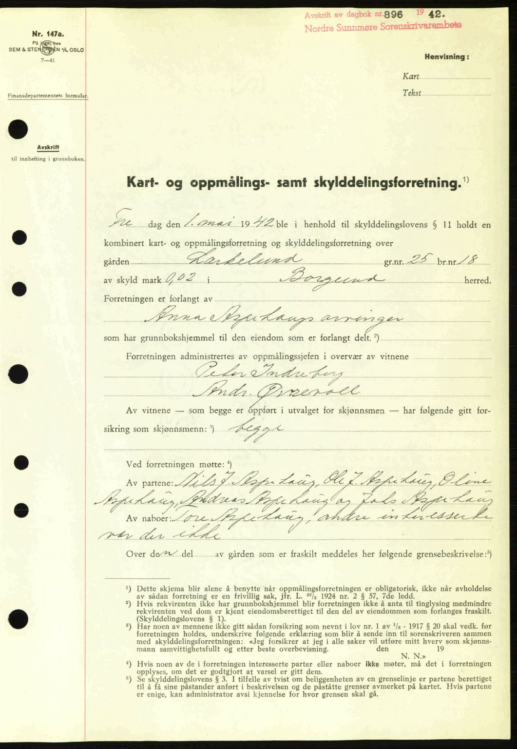 Nordre Sunnmøre sorenskriveri, SAT/A-0006/1/2/2C/2Ca: Pantebok nr. A13, 1942-1942, Dagboknr: 896/1942
