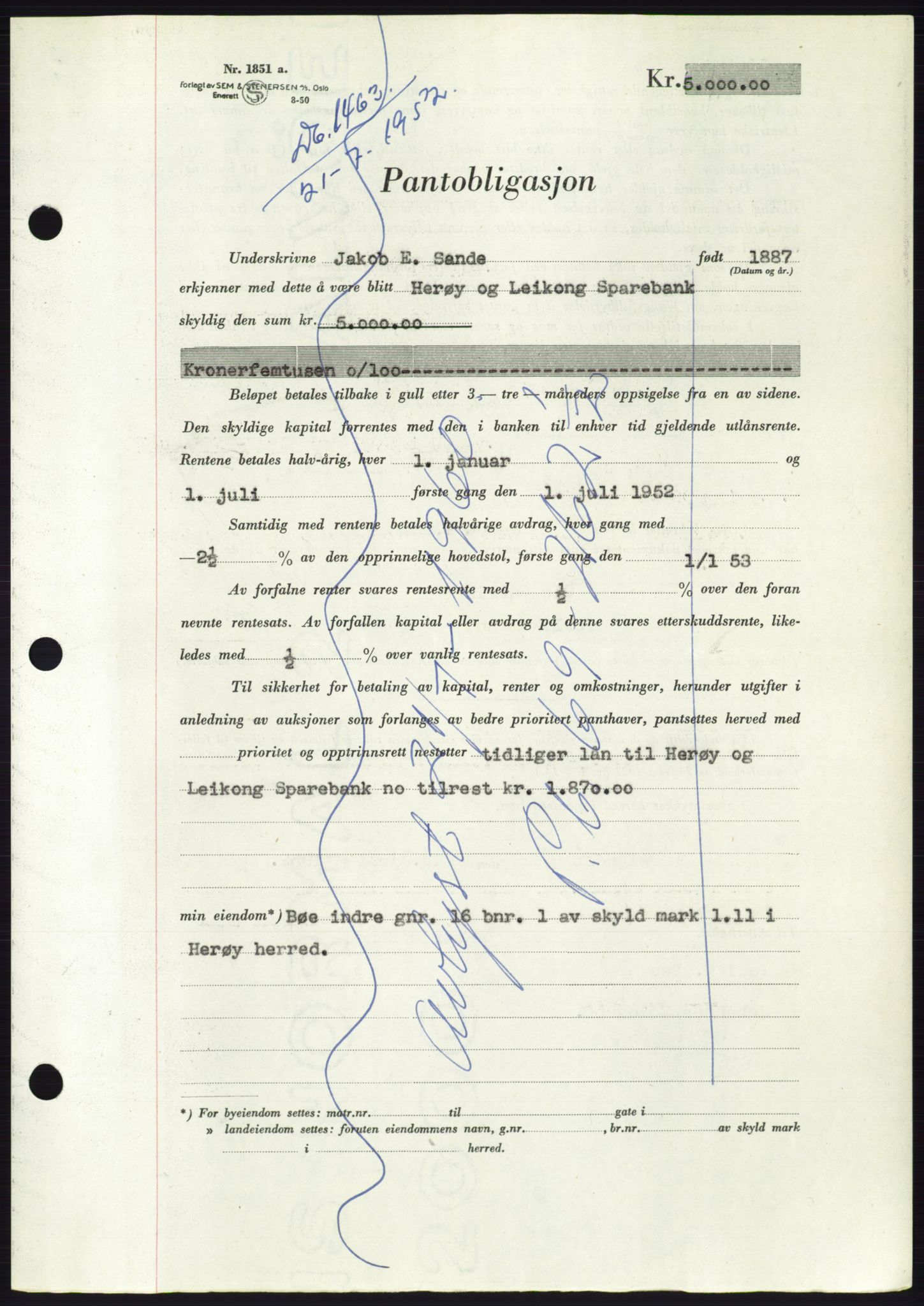 Søre Sunnmøre sorenskriveri, AV/SAT-A-4122/1/2/2C/L0121: Pantebok nr. 9B, 1951-1952, Dagboknr: 1463/1952