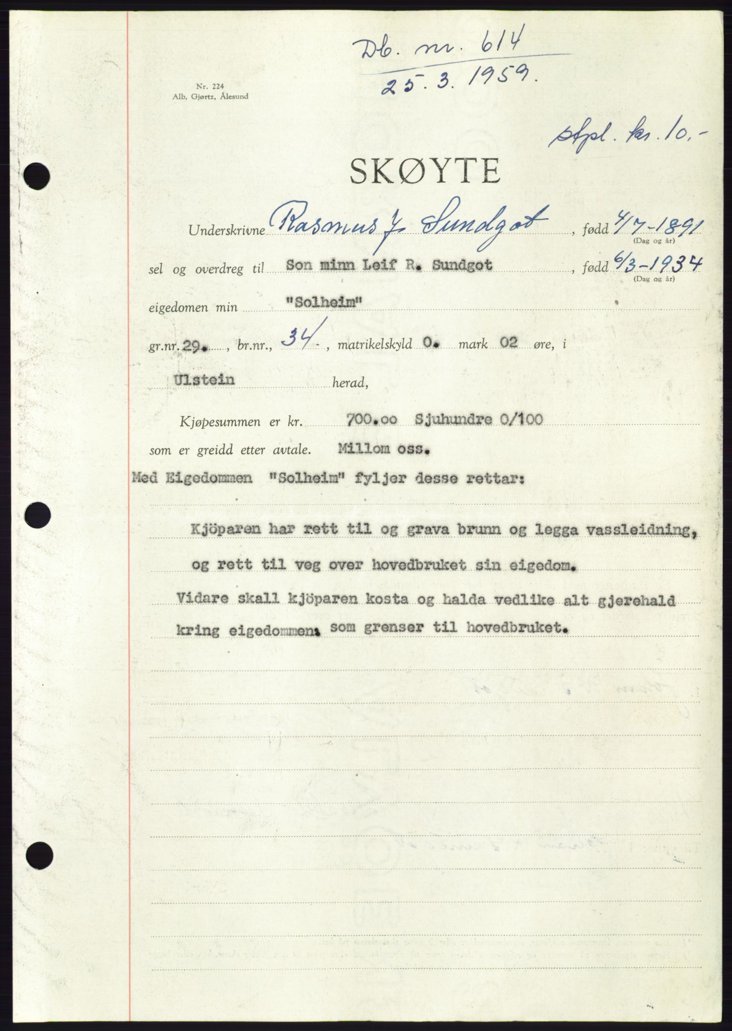 Søre Sunnmøre sorenskriveri, SAT/A-4122/1/2/2C/L0112: Pantebok nr. 38A, 1959-1959, Dagboknr: 614/1959