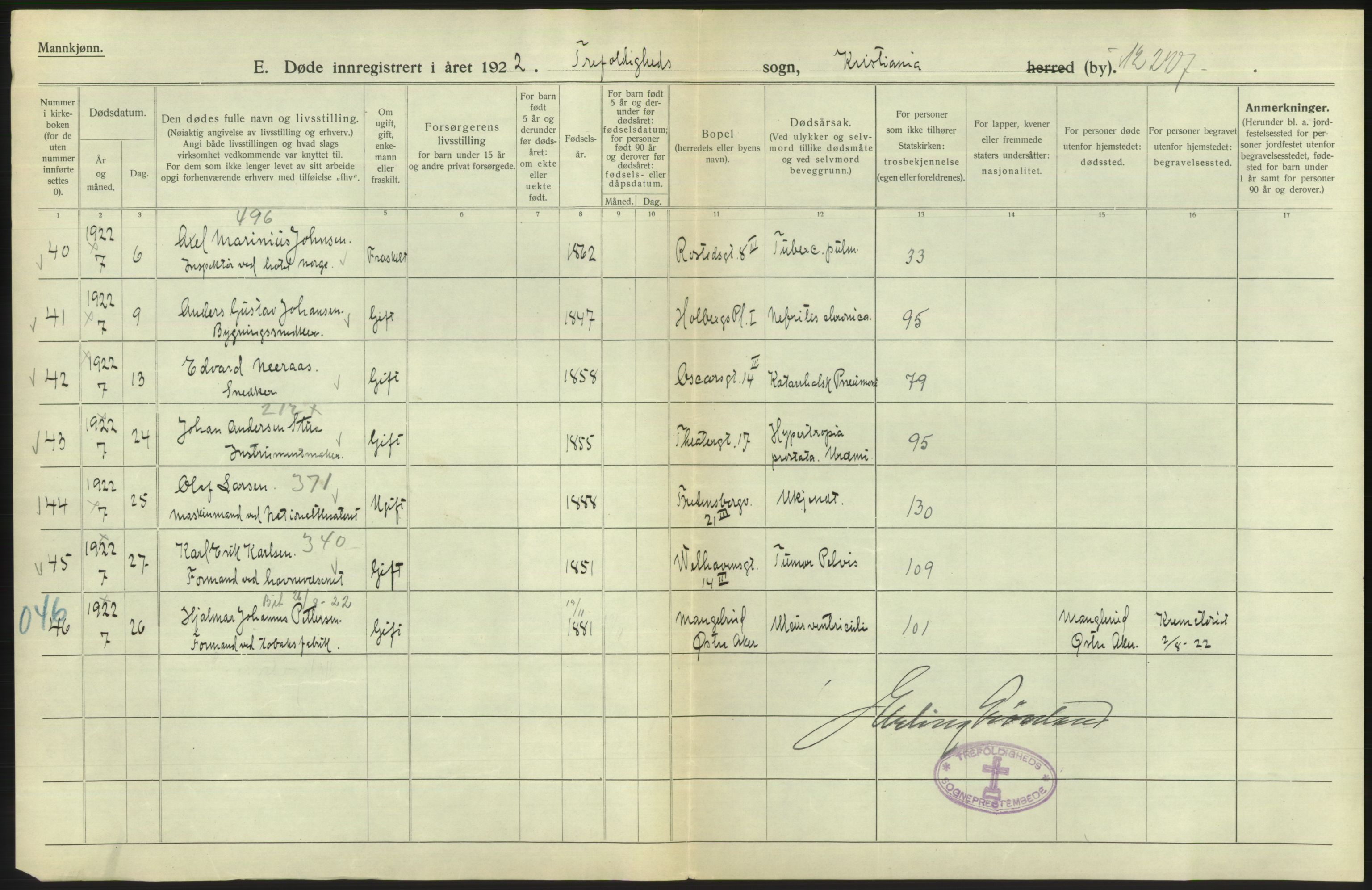 Statistisk sentralbyrå, Sosiodemografiske emner, Befolkning, AV/RA-S-2228/D/Df/Dfc/Dfcb/L0009: Kristiania: Døde, 1922, s. 188