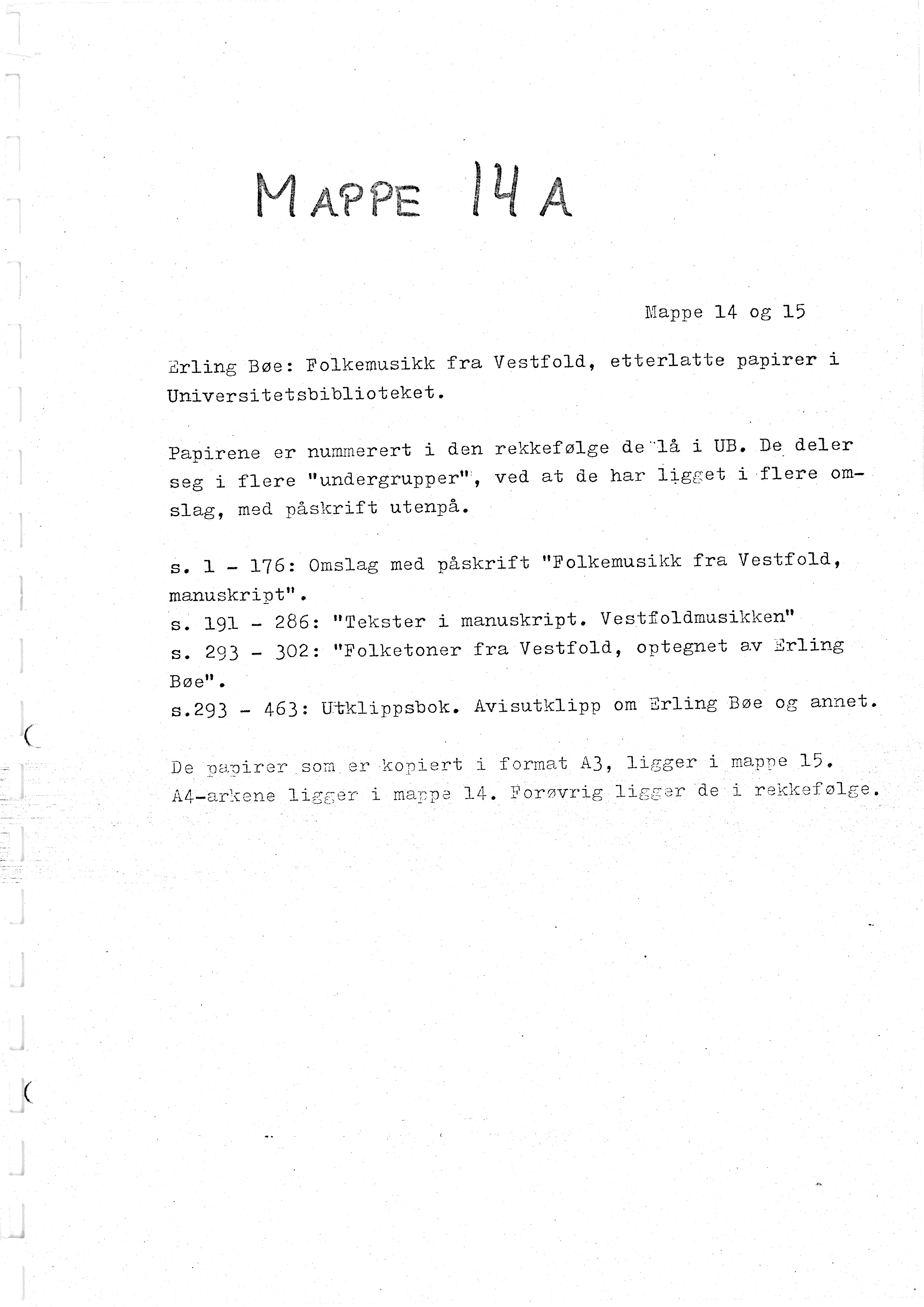 Sa 16 - Folkemusikk fra Vestfold, Gjerdesamlingen, VEMU/A-1868/H/L0006/0003: Innsamlet informasjon, kopier / 14a "Folkemusikk i Vestfold" i Universitetsbiblioteket etter Erling Bøe