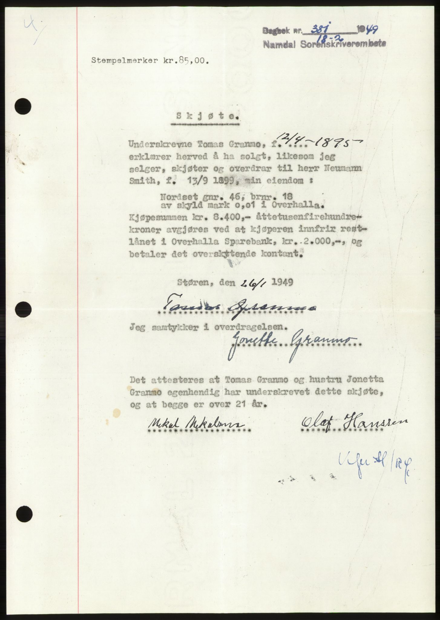 Namdal sorenskriveri, SAT/A-4133/1/2/2C: Pantebok nr. -, 1949-1949, Dagboknr: 381/1949