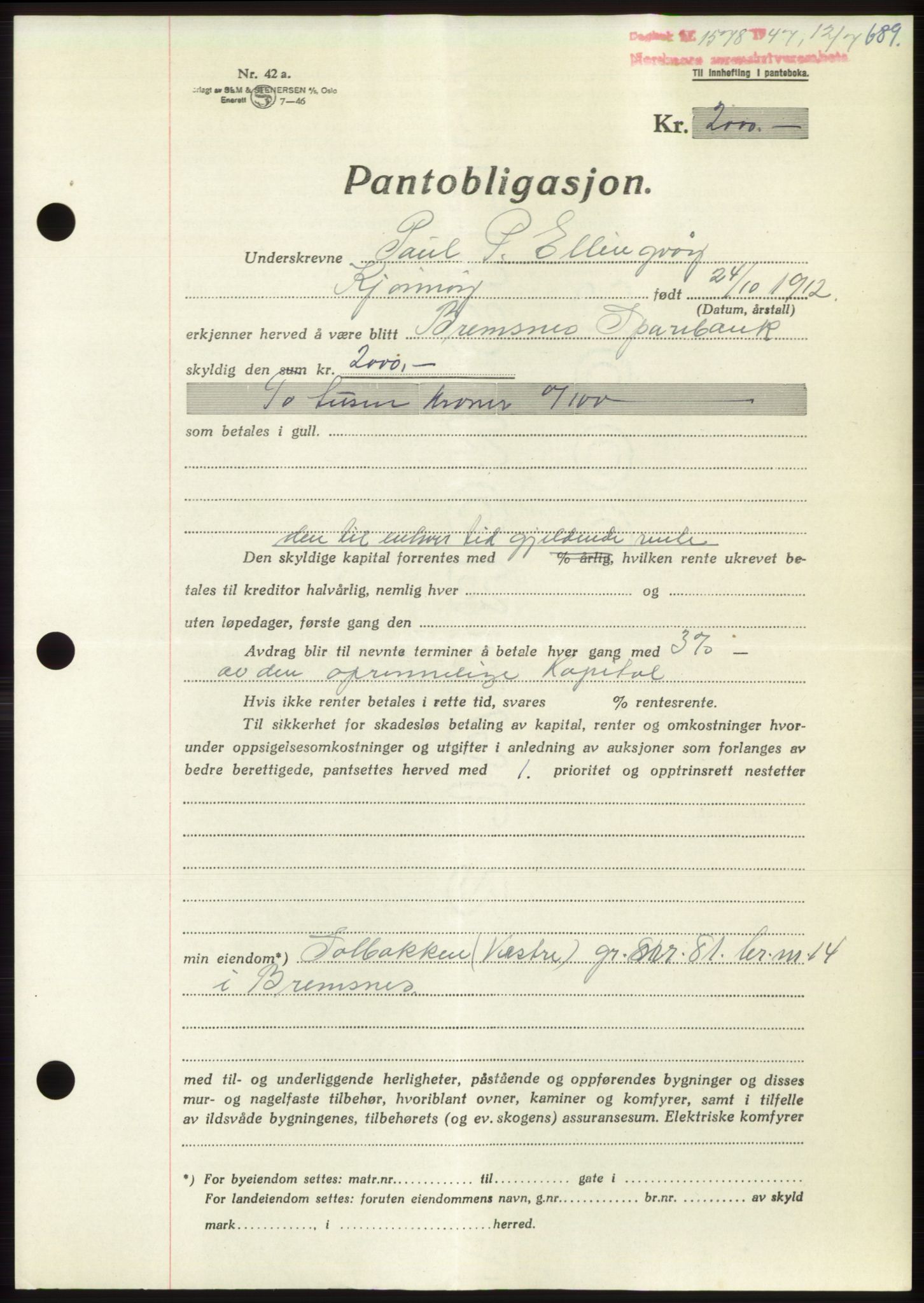 Nordmøre sorenskriveri, AV/SAT-A-4132/1/2/2Ca: Pantebok nr. B96, 1947-1947, Dagboknr: 1578/1947