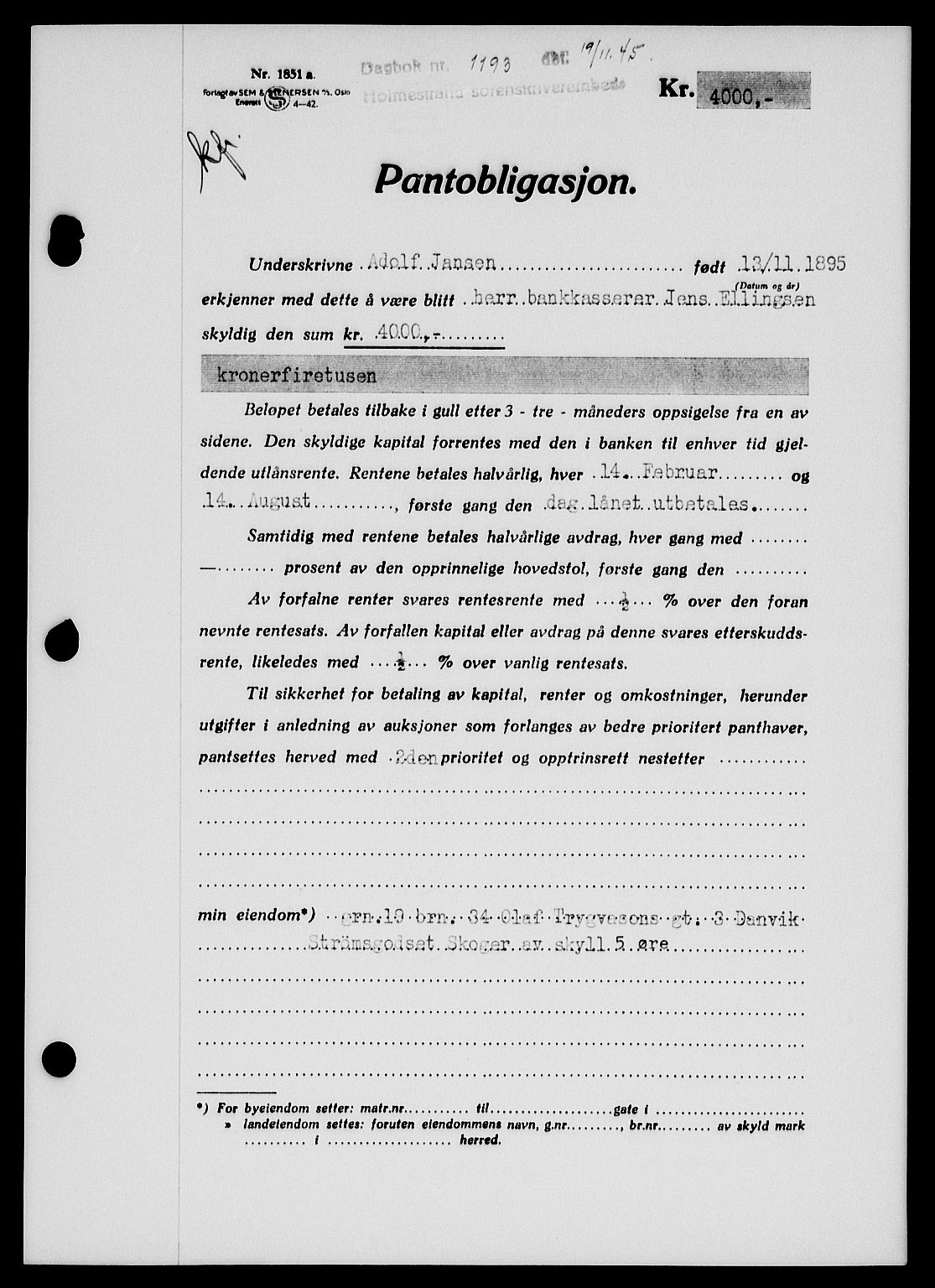 Holmestrand sorenskriveri, SAKO/A-67/G/Ga/Gab/L0055: Pantebok nr. B-55, 1945-1946, Dagboknr: 1193/1945