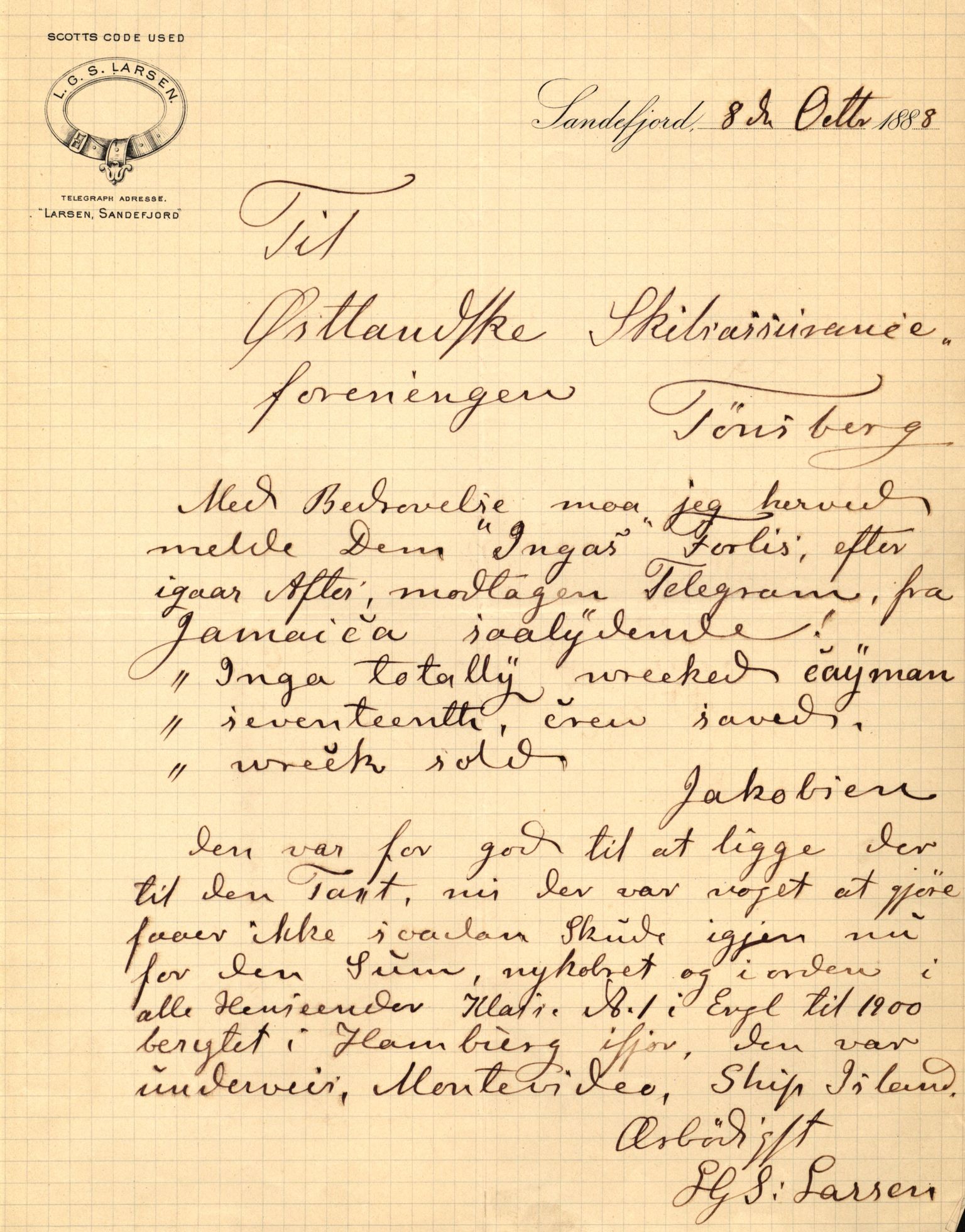 Pa 63 - Østlandske skibsassuranceforening, VEMU/A-1079/G/Ga/L0021/0003: Havaridokumenter / Inga av Drammen, Inga av Sandefjord, Primula, 1888-1889, s. 28