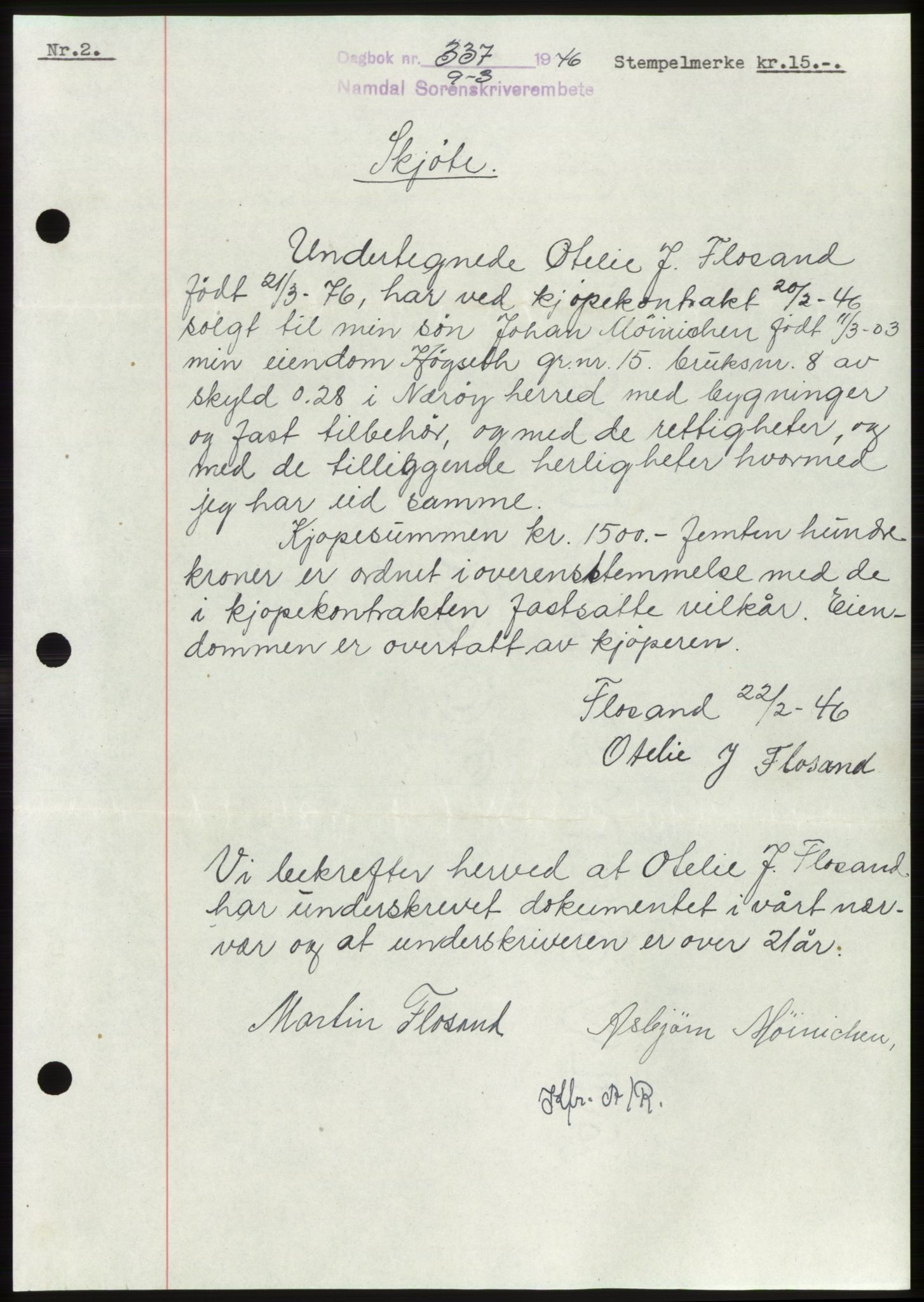 Namdal sorenskriveri, SAT/A-4133/1/2/2C: Pantebok nr. -, 1946-1946, Dagboknr: 337/1946