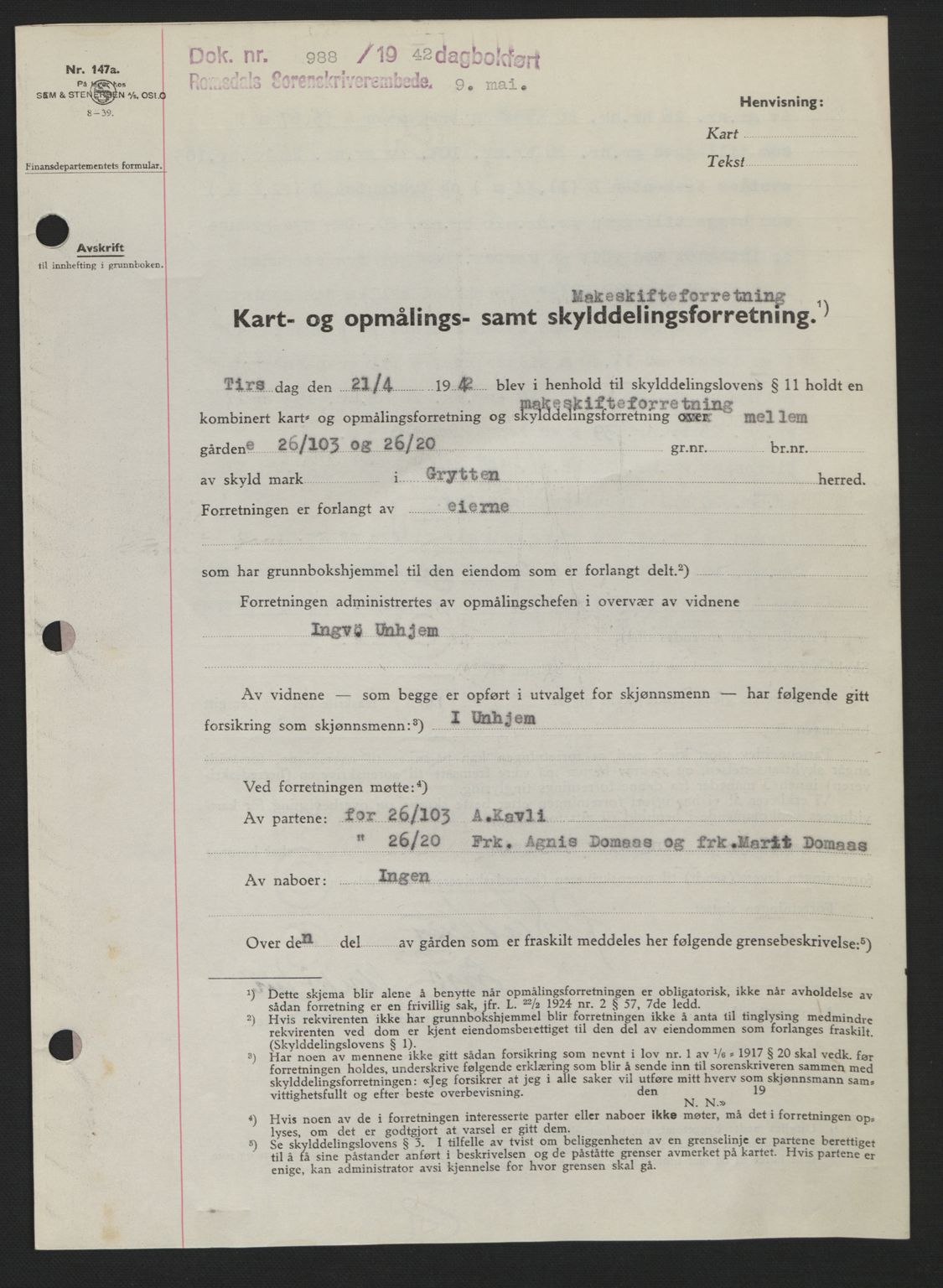Romsdal sorenskriveri, SAT/A-4149/1/2/2C: Pantebok nr. A12, 1942-1942, Dagboknr: 988/1942