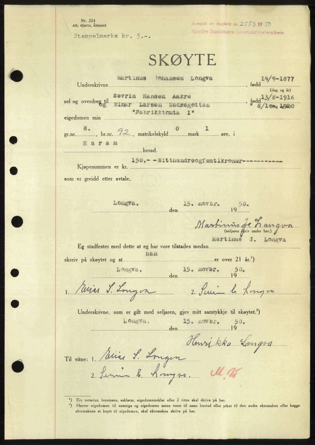 Nordre Sunnmøre sorenskriveri, SAT/A-0006/1/2/2C/2Ca: Pantebok nr. A36, 1950-1950, Dagboknr: 2553/1950