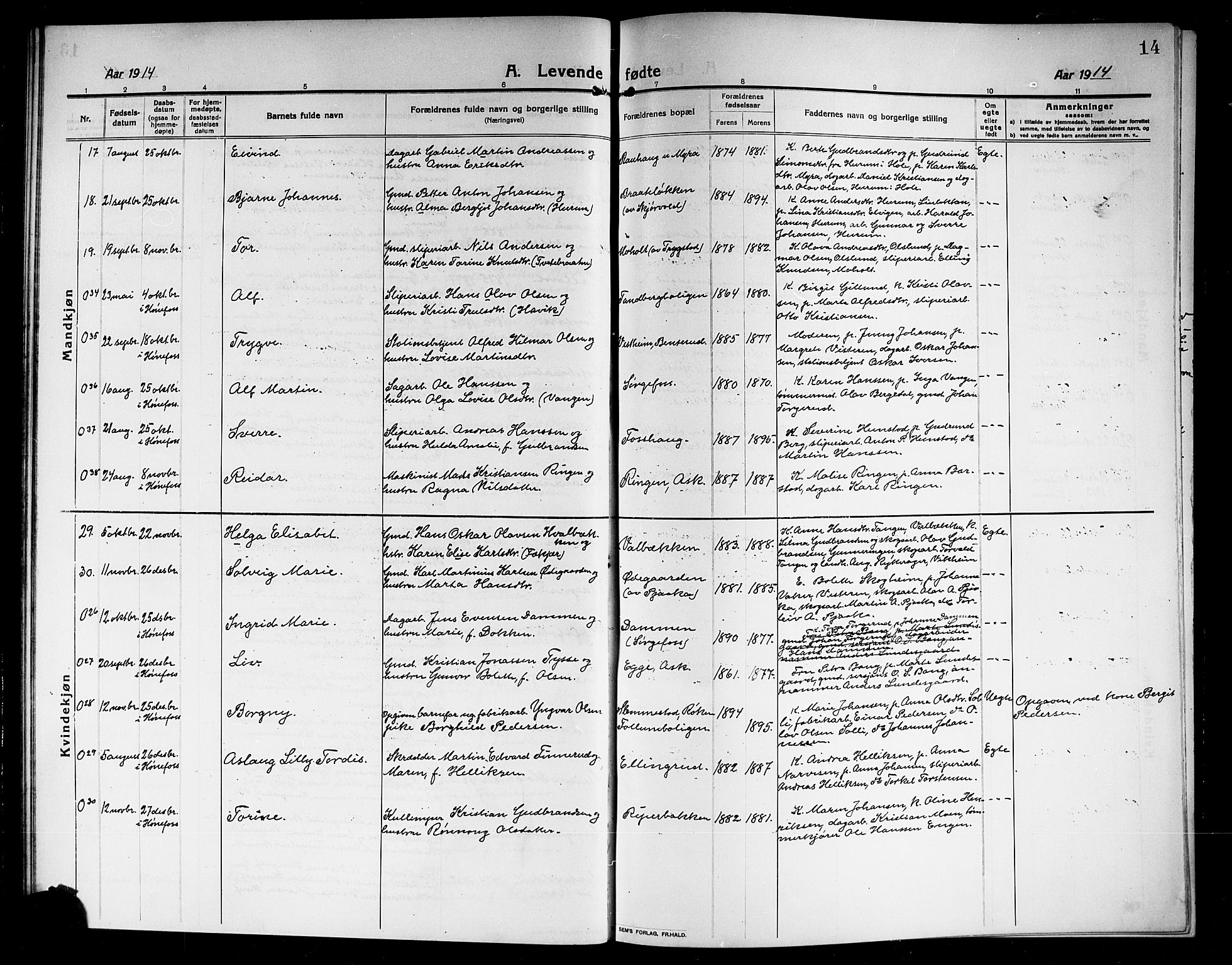 Norderhov kirkebøker, AV/SAKO-A-237/G/Ga/L0009: Klokkerbok nr. I 9, 1913-1920, s. 14