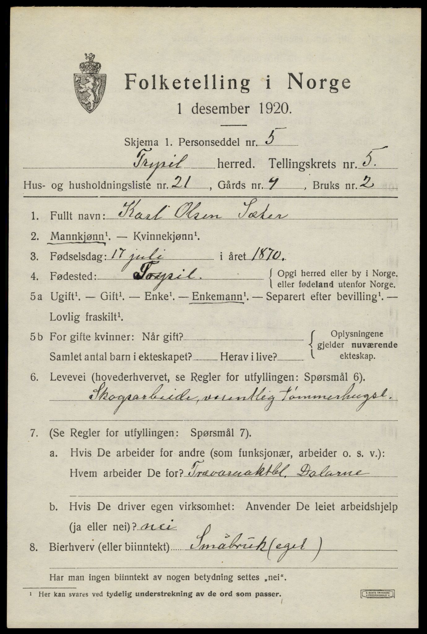 SAH, Folketelling 1920 for 0428 Trysil herred, 1920, s. 4505