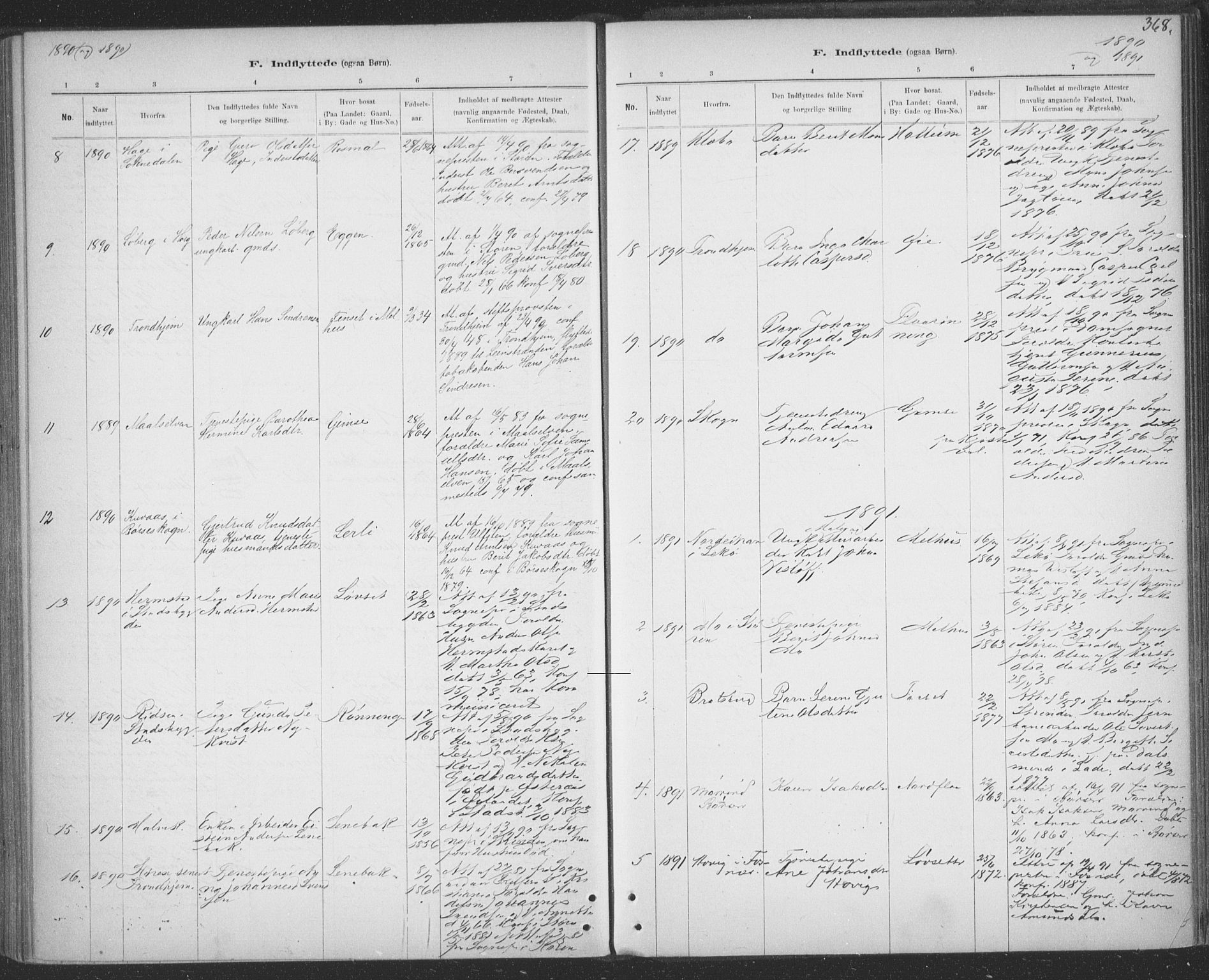 Ministerialprotokoller, klokkerbøker og fødselsregistre - Sør-Trøndelag, SAT/A-1456/691/L1085: Ministerialbok nr. 691A17, 1887-1908, s. 368