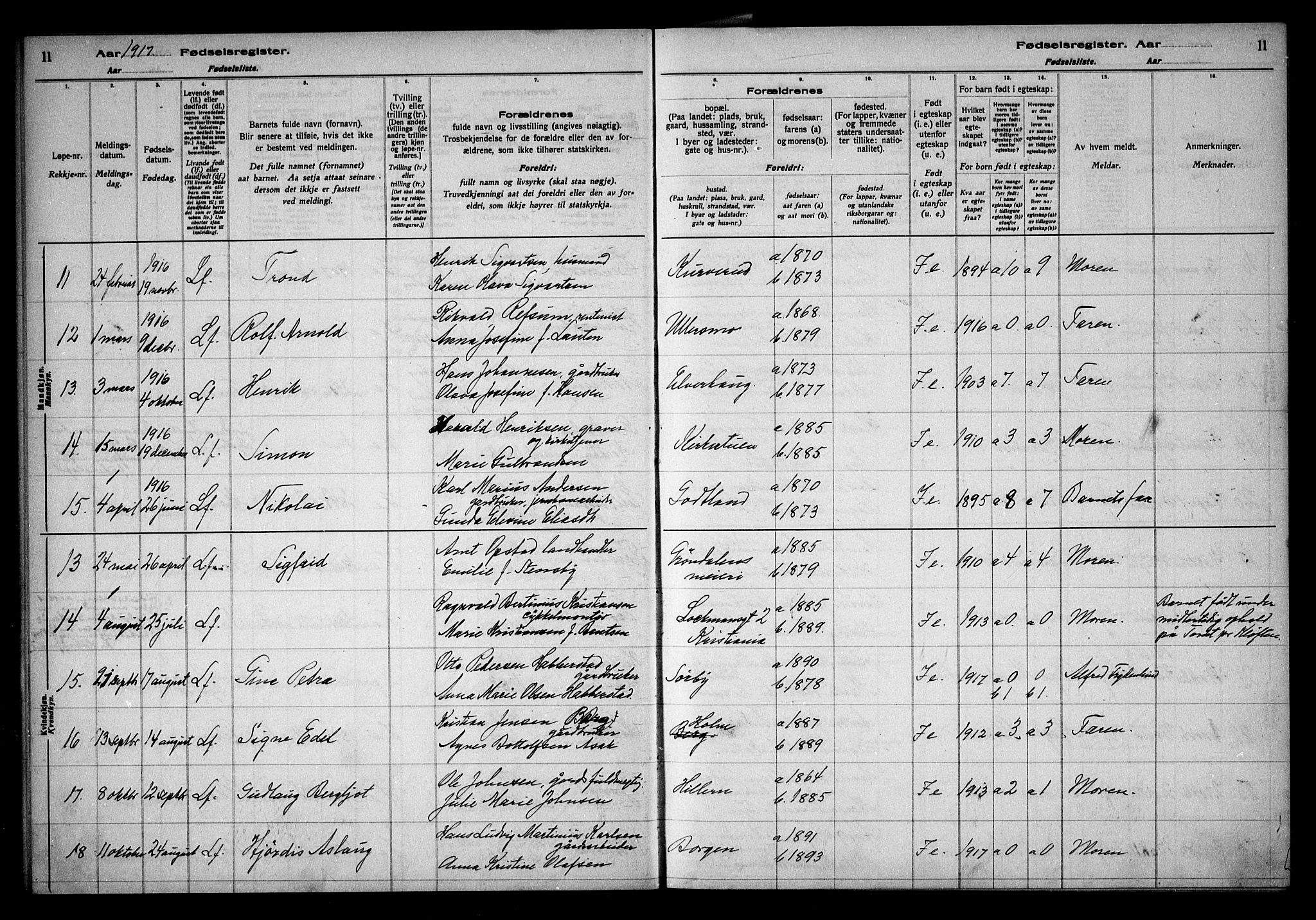 Ullensaker prestekontor Kirkebøker, AV/SAO-A-10236a/J/Ja/L0001: Fødselsregister nr. I 1, 1916-1938, s. 11