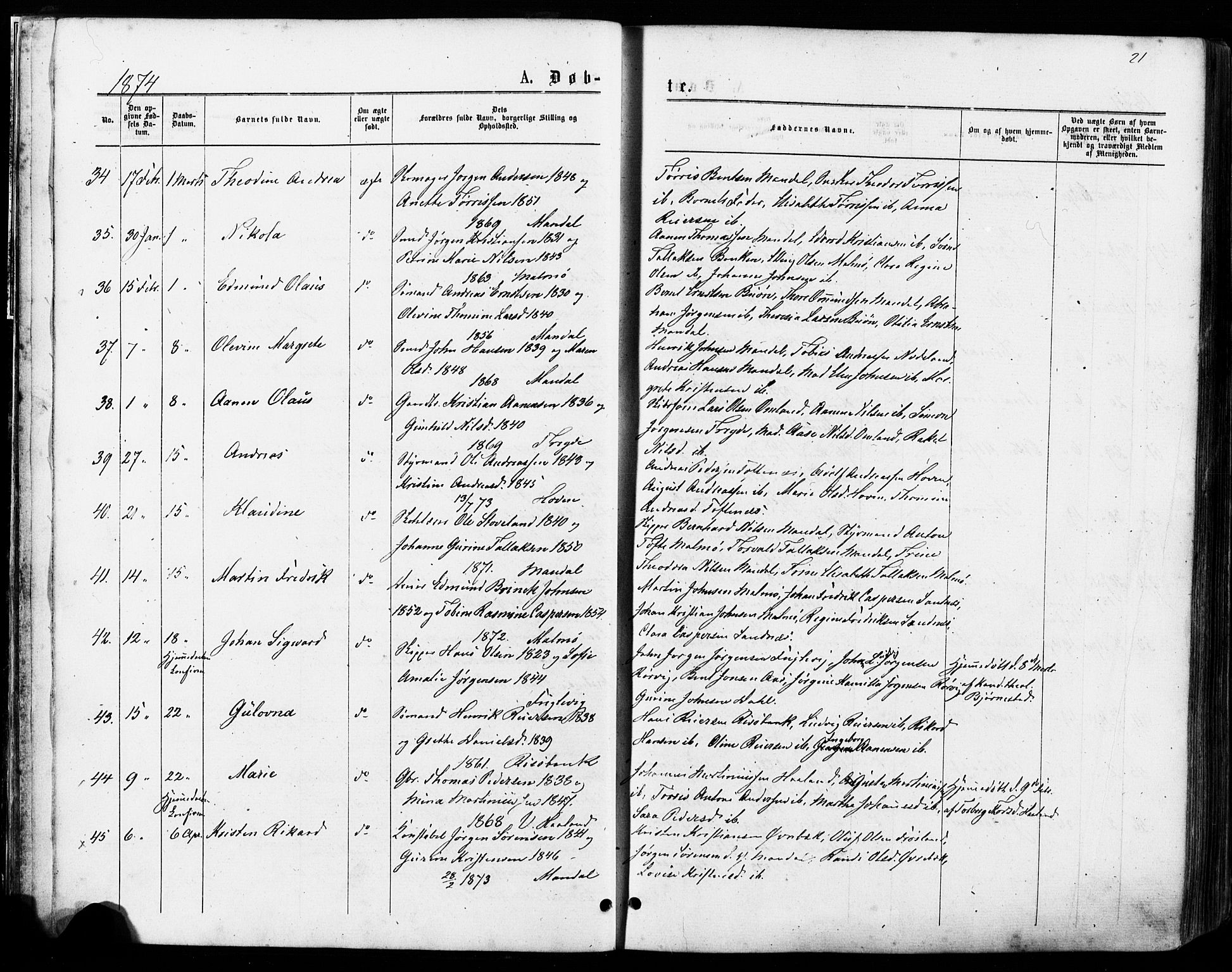 Mandal sokneprestkontor, AV/SAK-1111-0030/F/Fa/Faa/L0015: Ministerialbok nr. A 15, 1873-1879, s. 21