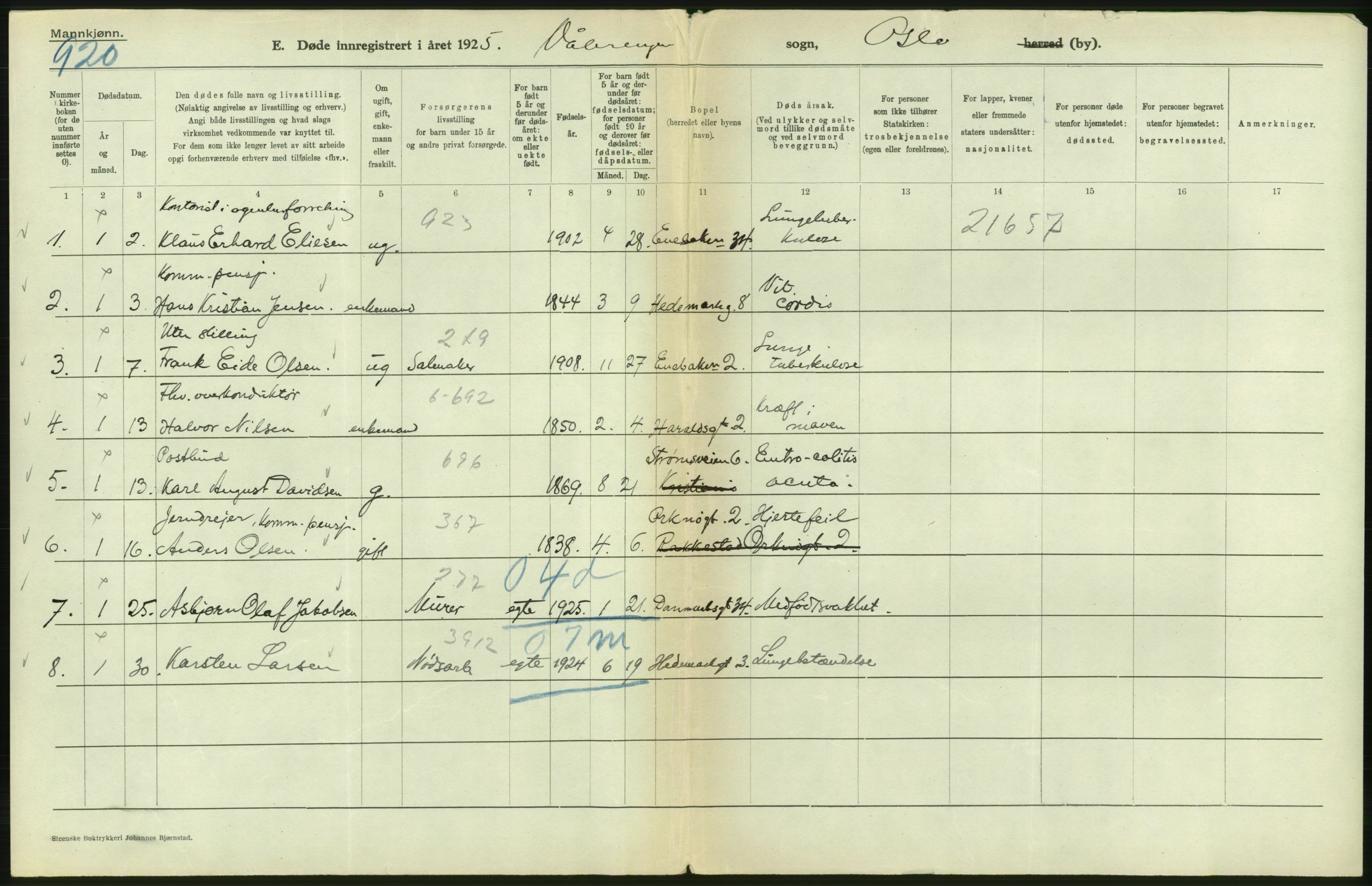 Statistisk sentralbyrå, Sosiodemografiske emner, Befolkning, AV/RA-S-2228/D/Df/Dfc/Dfce/L0009: Oslo: Døde menn, 1925, s. 578