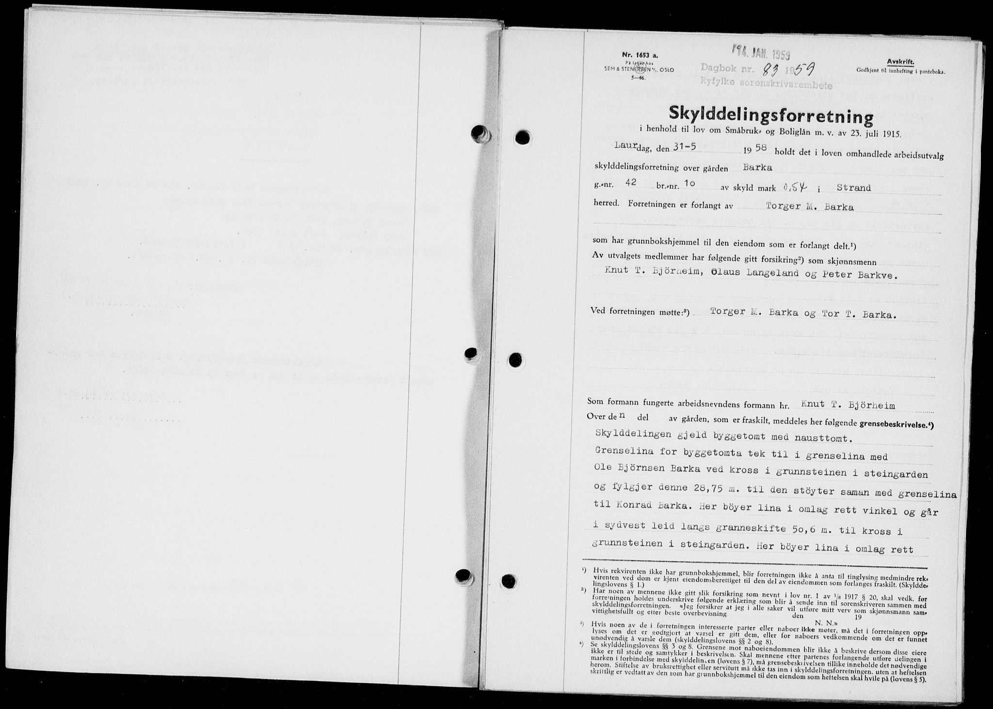 Ryfylke tingrett, SAST/A-100055/001/II/IIB/L0146: Pantebok nr. 125, 1965-1959, Dagboknr: 83/1959