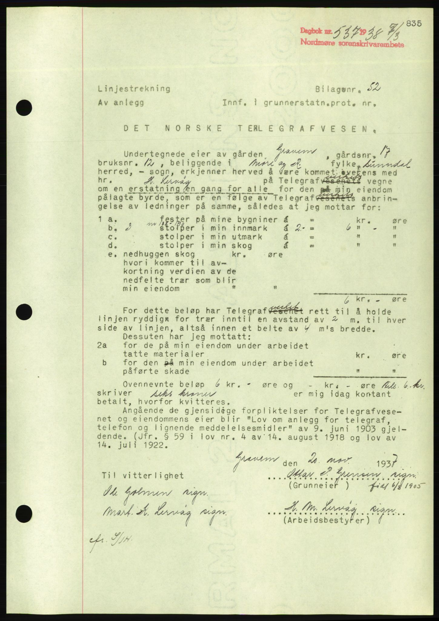 Nordmøre sorenskriveri, AV/SAT-A-4132/1/2/2Ca/L0092: Pantebok nr. B82, 1937-1938, Dagboknr: 537/1938