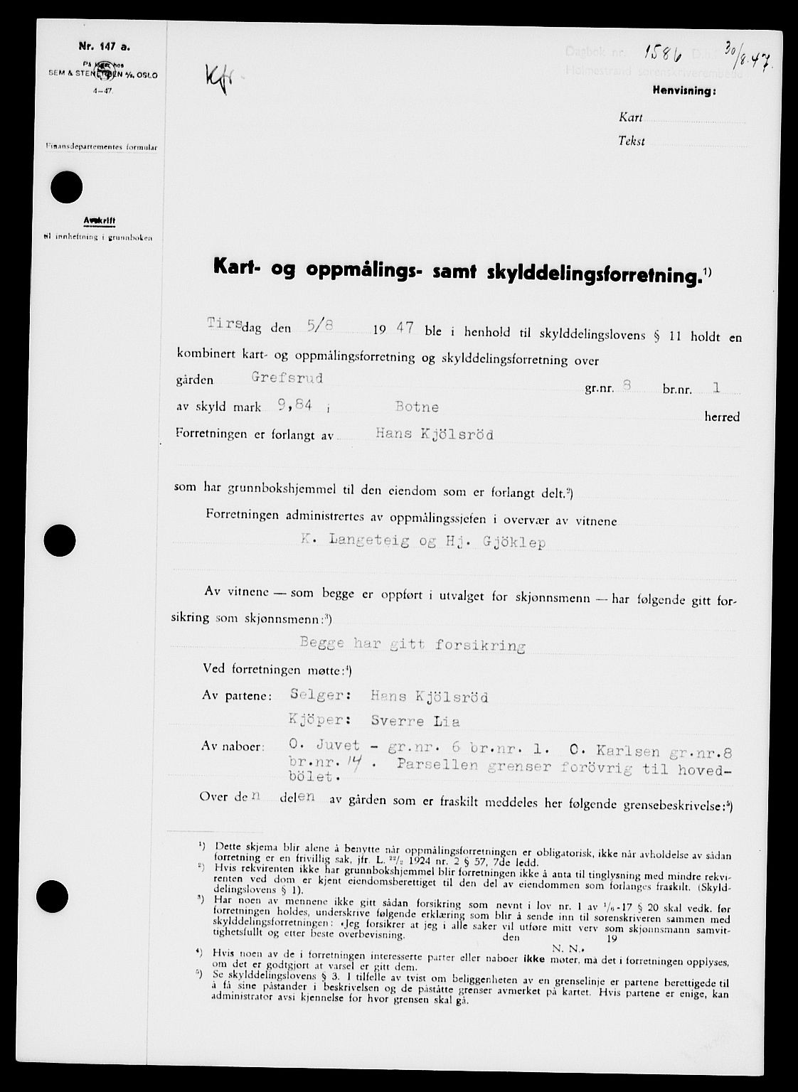 Holmestrand sorenskriveri, SAKO/A-67/G/Ga/Gaa/L0062: Pantebok nr. A-62, 1947-1947, Dagboknr: 1586/1947