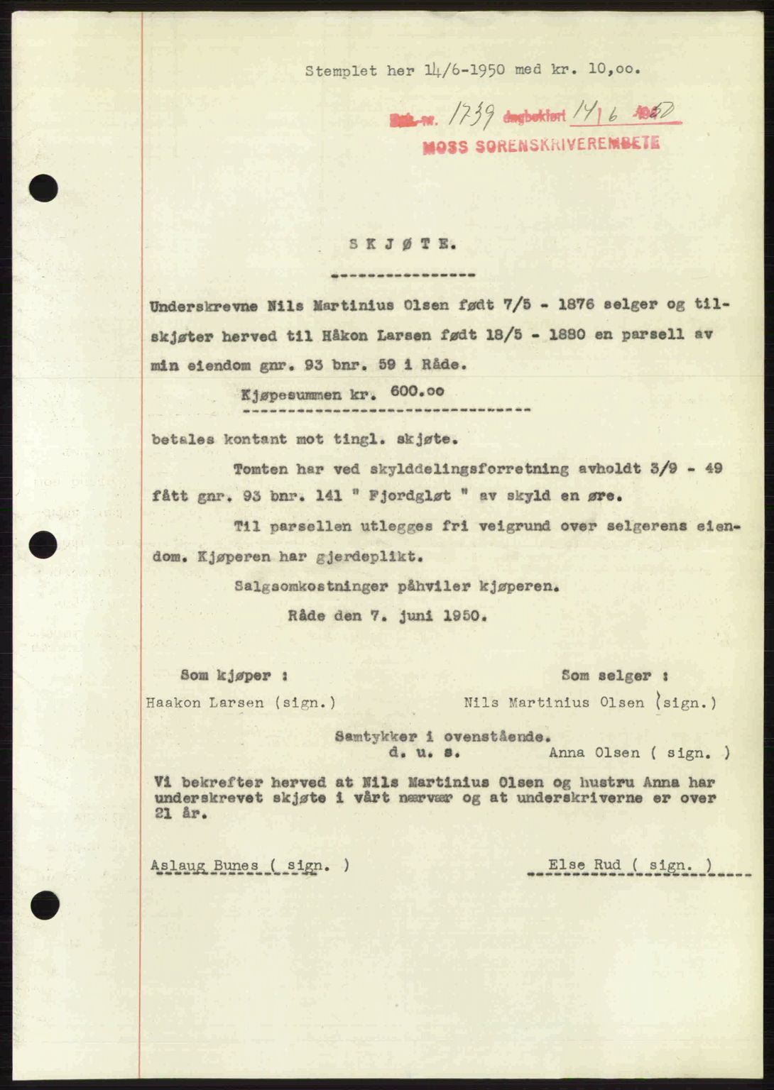 Moss sorenskriveri, SAO/A-10168: Pantebok nr. A26, 1950-1950, Dagboknr: 1739/1950