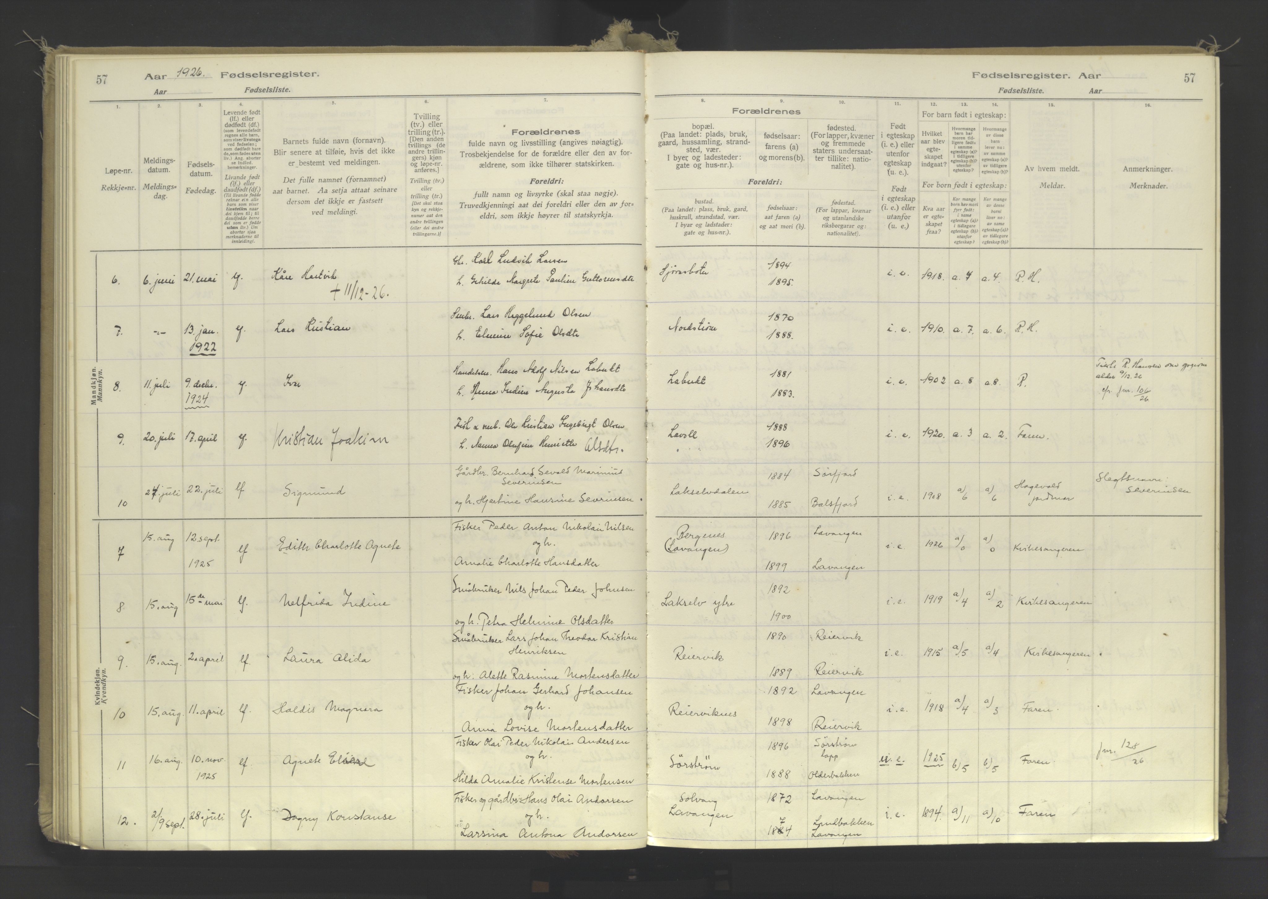Lyngen sokneprestembete, AV/SATØ-S-1289/I/Ia/L0078: Fødselsregister nr. 78, 1916-1950, s. 57