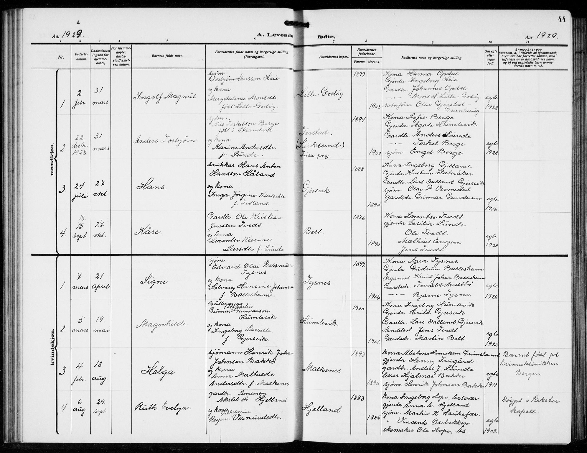 Tysnes sokneprestembete, AV/SAB-A-78601/H/Hab: Klokkerbok nr. B  3, 1918-1935, s. 44