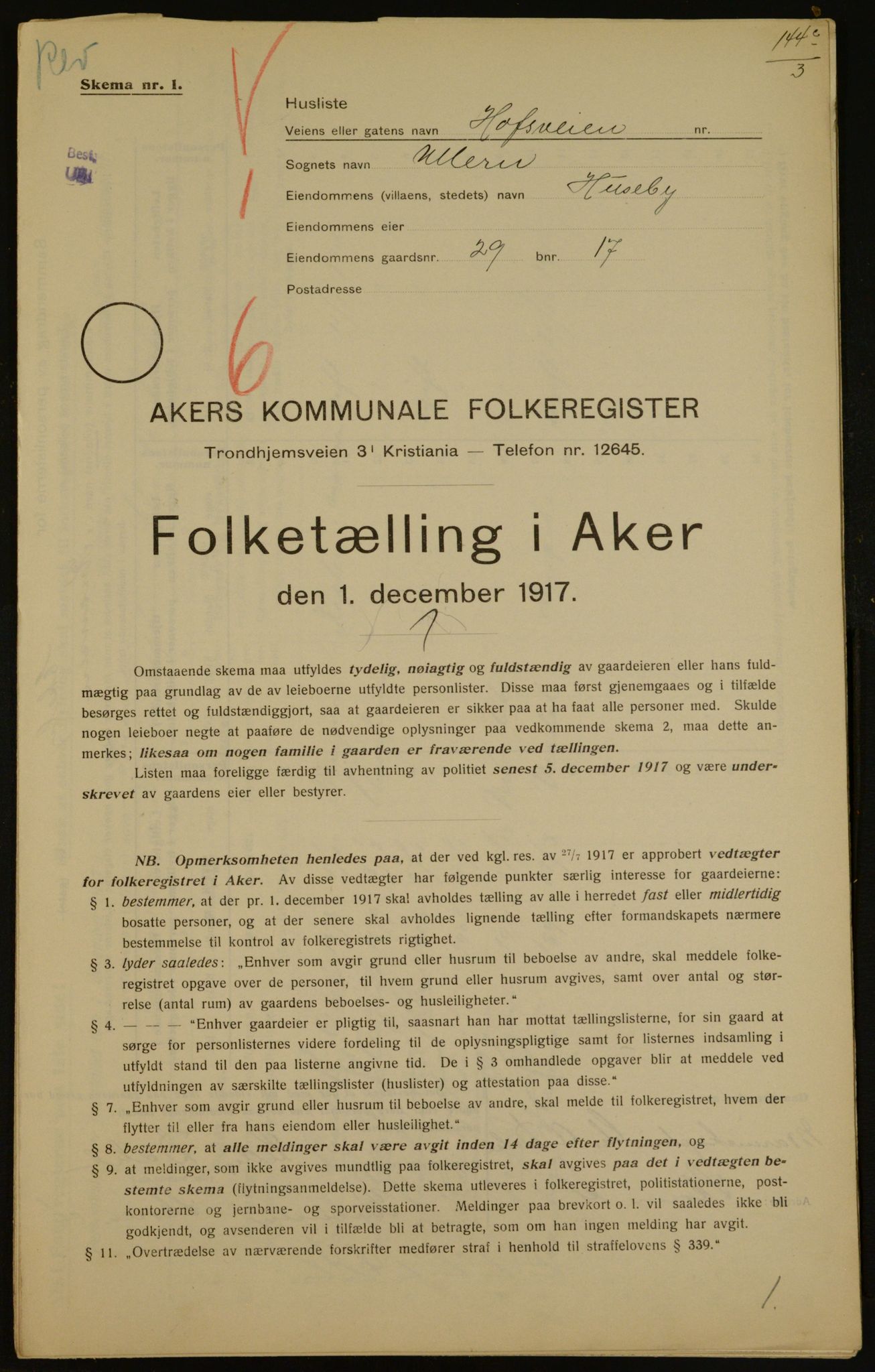 OBA, Kommunal folketelling 1.12.1917 for Aker, 1917, s. 4302