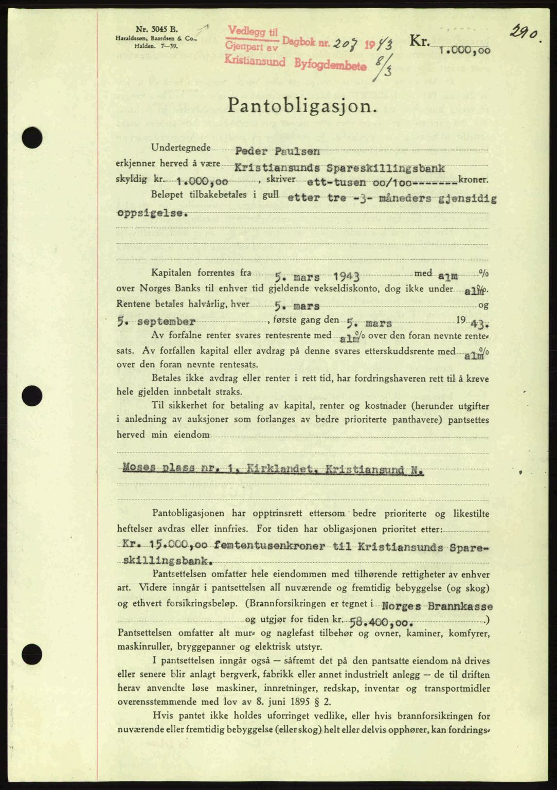 Kristiansund byfogd, SAT/A-4587/A/27: Pantebok nr. 36, 1942-1943, Dagboknr: 207/1943