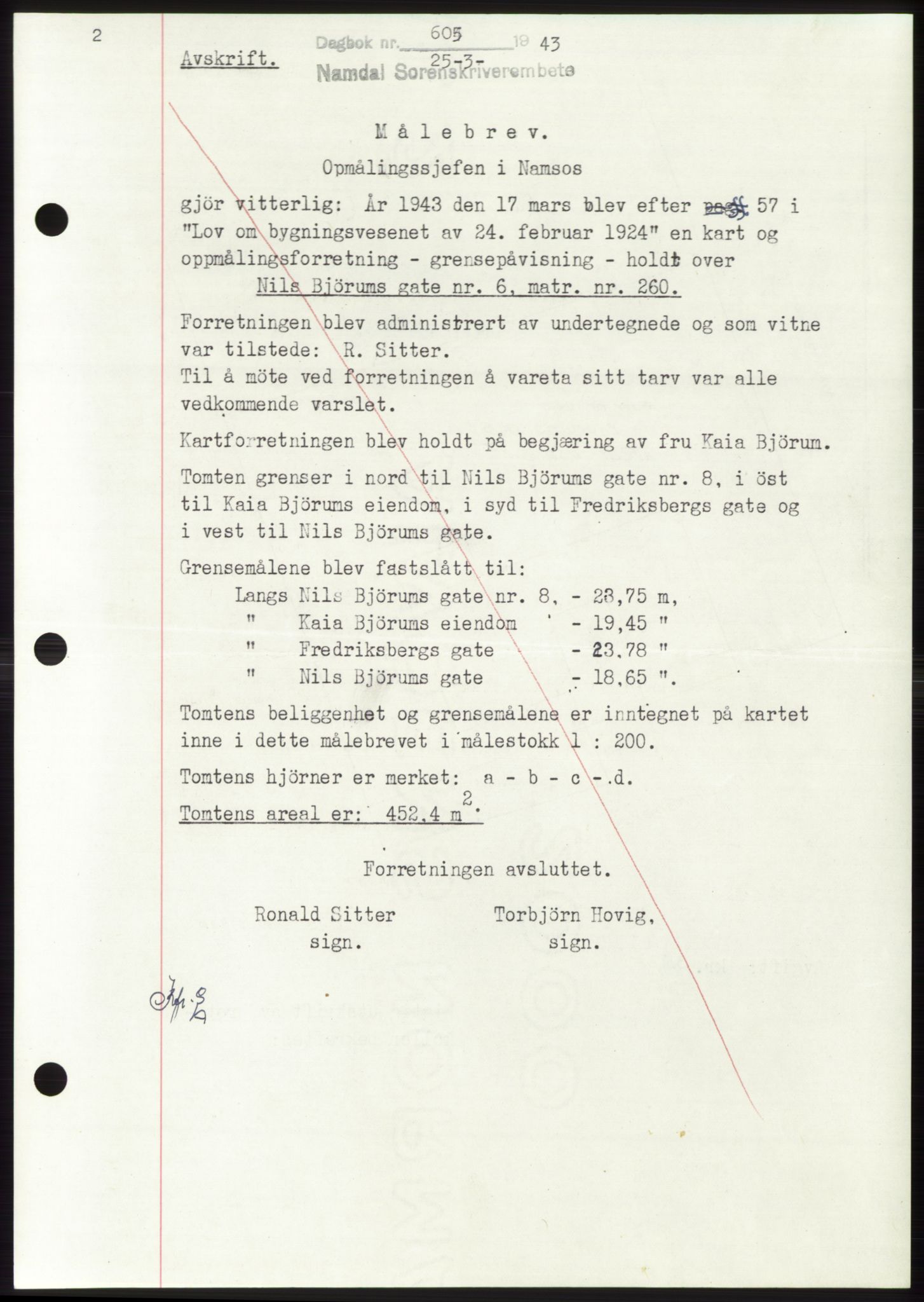 Namdal sorenskriveri, SAT/A-4133/1/2/2C: Pantebok nr. -, 1942-1943, Dagboknr: 605/1943