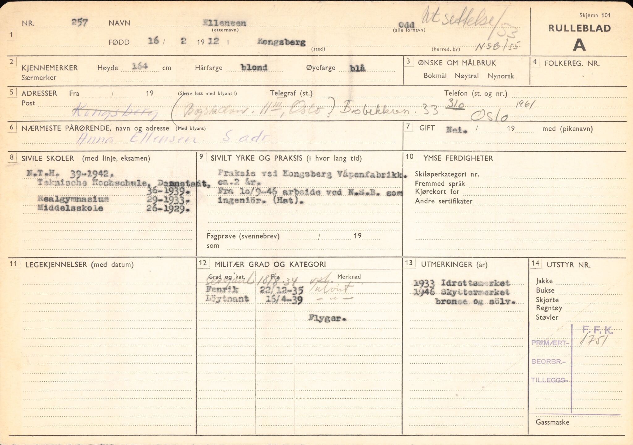 Forsvaret, Forsvarets overkommando/Luftforsvarsstaben, RA/RAFA-4079/P/Pa/L0029: Personellpapirer, 1912, s. 309