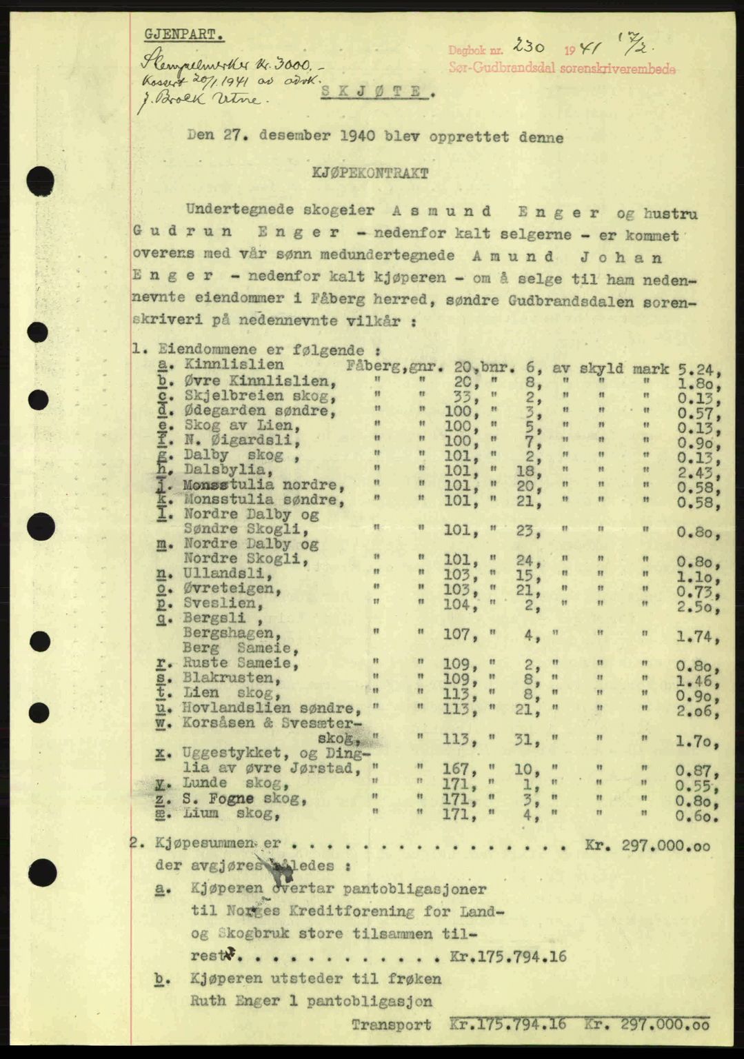 Sør-Gudbrandsdal tingrett, SAH/TING-004/H/Hb/Hbd/L0008: Pantebok nr. A8, 1940-1941, Dagboknr: 230/1941