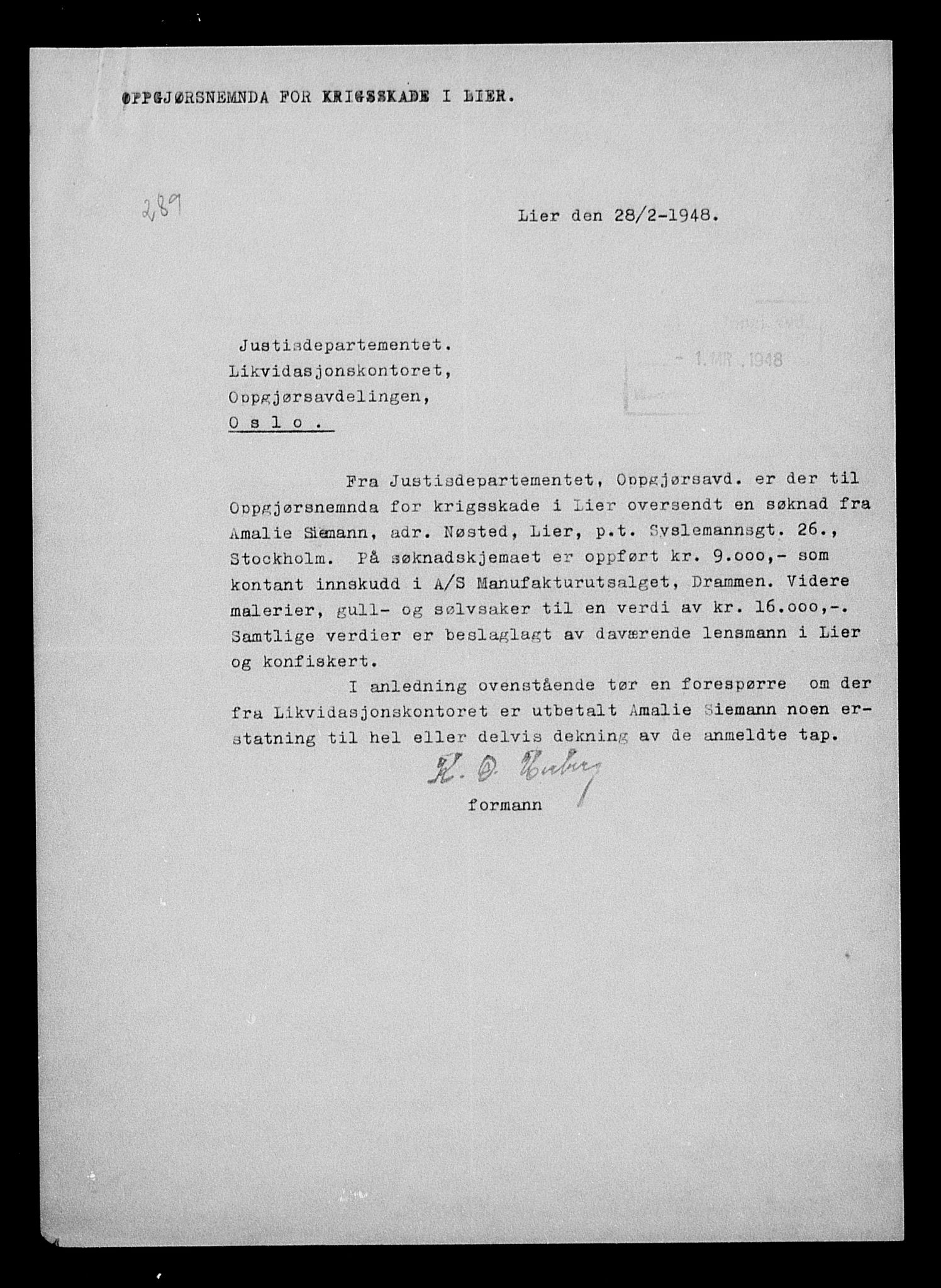 Justisdepartementet, Tilbakeføringskontoret for inndratte formuer, AV/RA-S-1564/H/Hc/Hcd/L1007: --, 1945-1947, s. 52