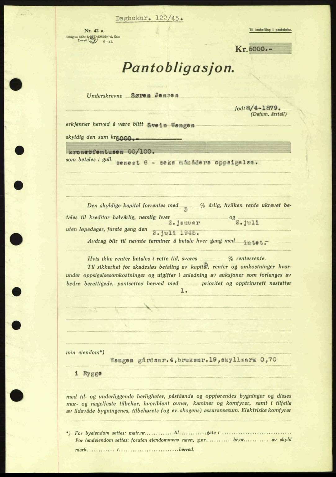 Moss sorenskriveri, SAO/A-10168: Pantebok nr. B13, 1943-1945, Dagboknr: 122/1945