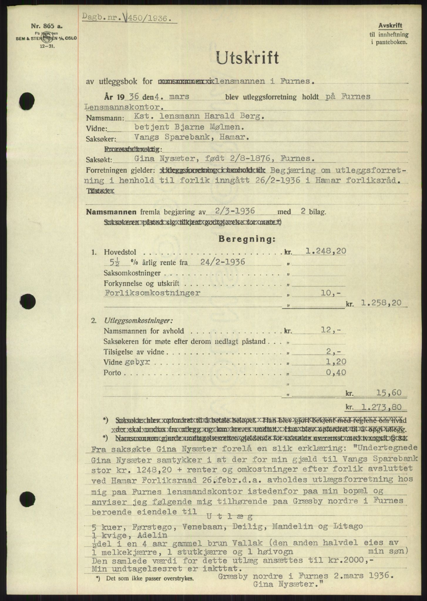 Nord-Hedmark sorenskriveri, SAH/TING-012/H/Hb/Hbf/L0001: Pantebok nr. B1, 1936-1936, Dagboknr: 450/1936