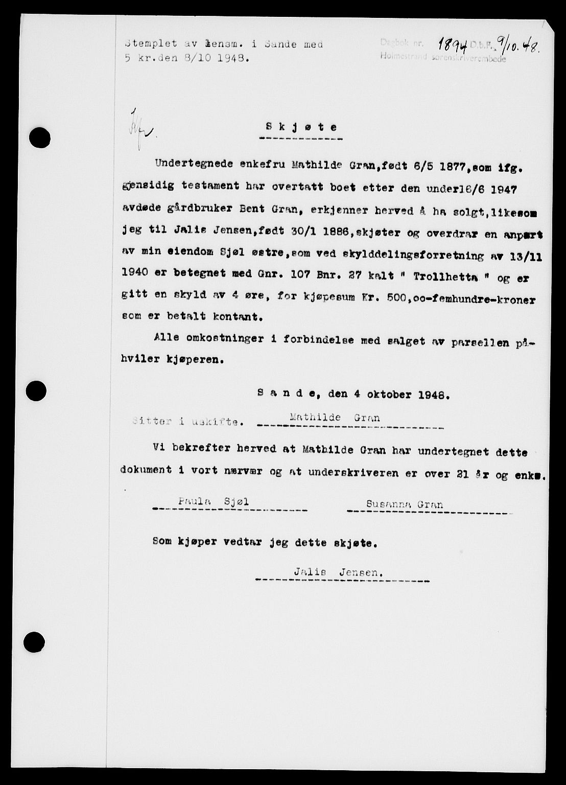 Holmestrand sorenskriveri, SAKO/A-67/G/Ga/Gaa/L0065: Pantebok nr. A-65, 1948-1949, Dagboknr: 1894/1948