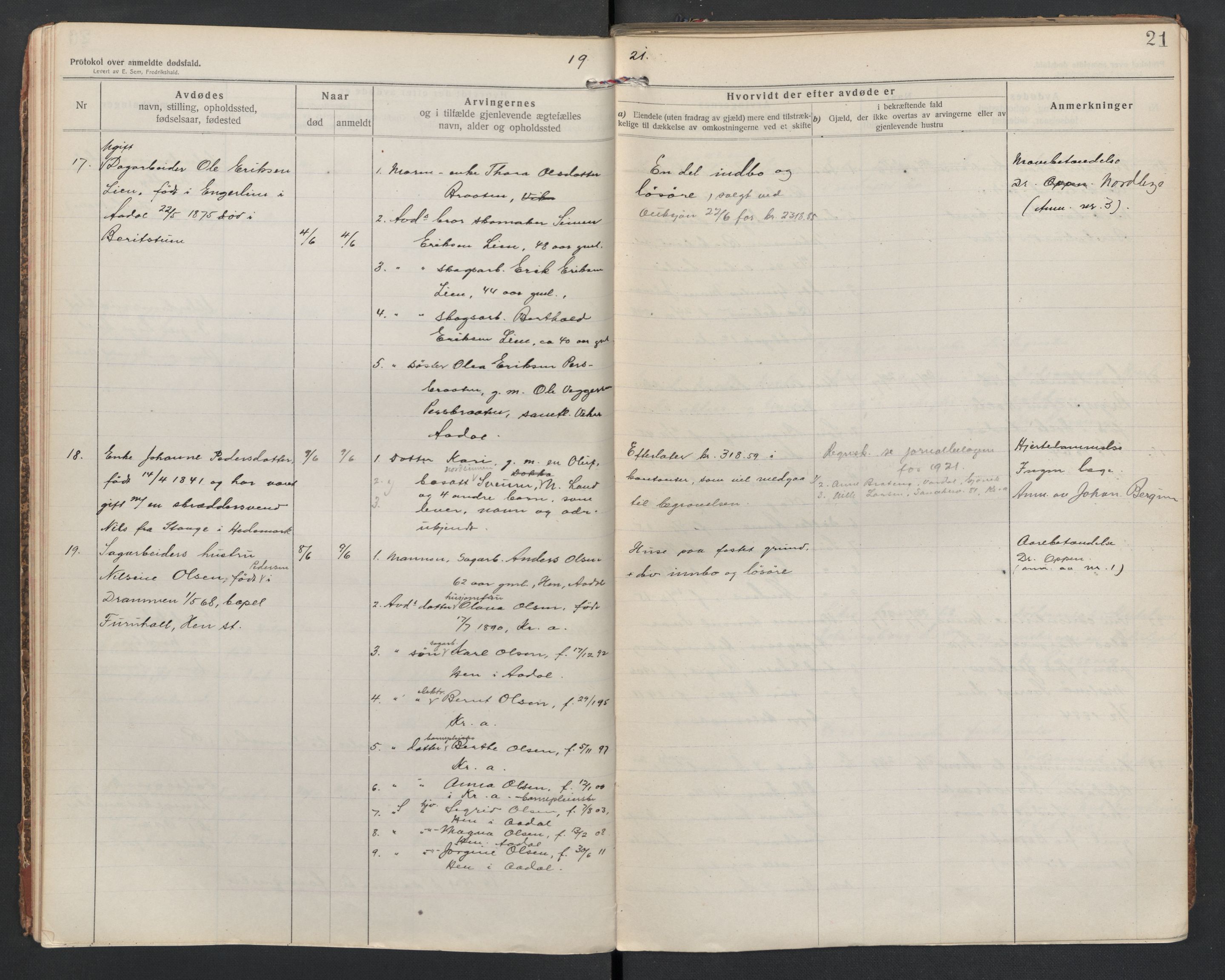 Ådal lensmannskontor, AV/SAKO-A-518/H/Ha/L0001/0002: Dødsfallsprotokoll  / Dødsfallsprotokoll 2, 1919-1942, s. 21