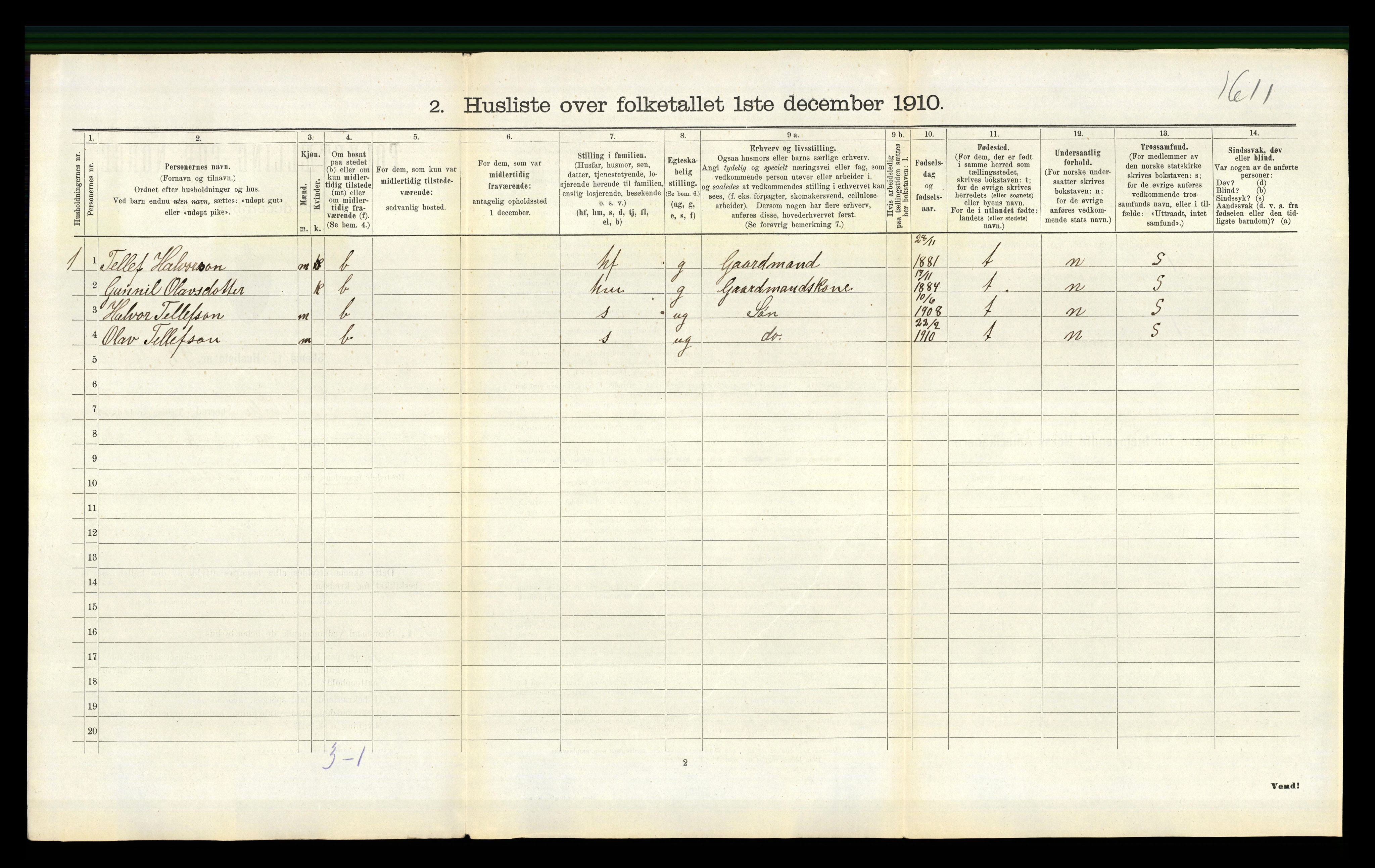 RA, Folketelling 1910 for 0940 Valle herred, 1910, s. 214