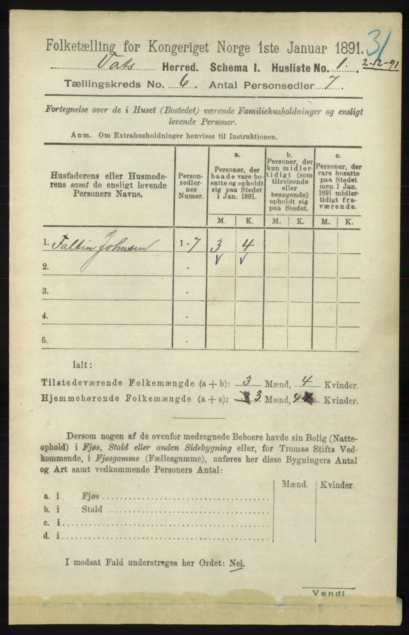 RA, Folketelling 1891 for 1155 Vats herred, 1891, s. 926