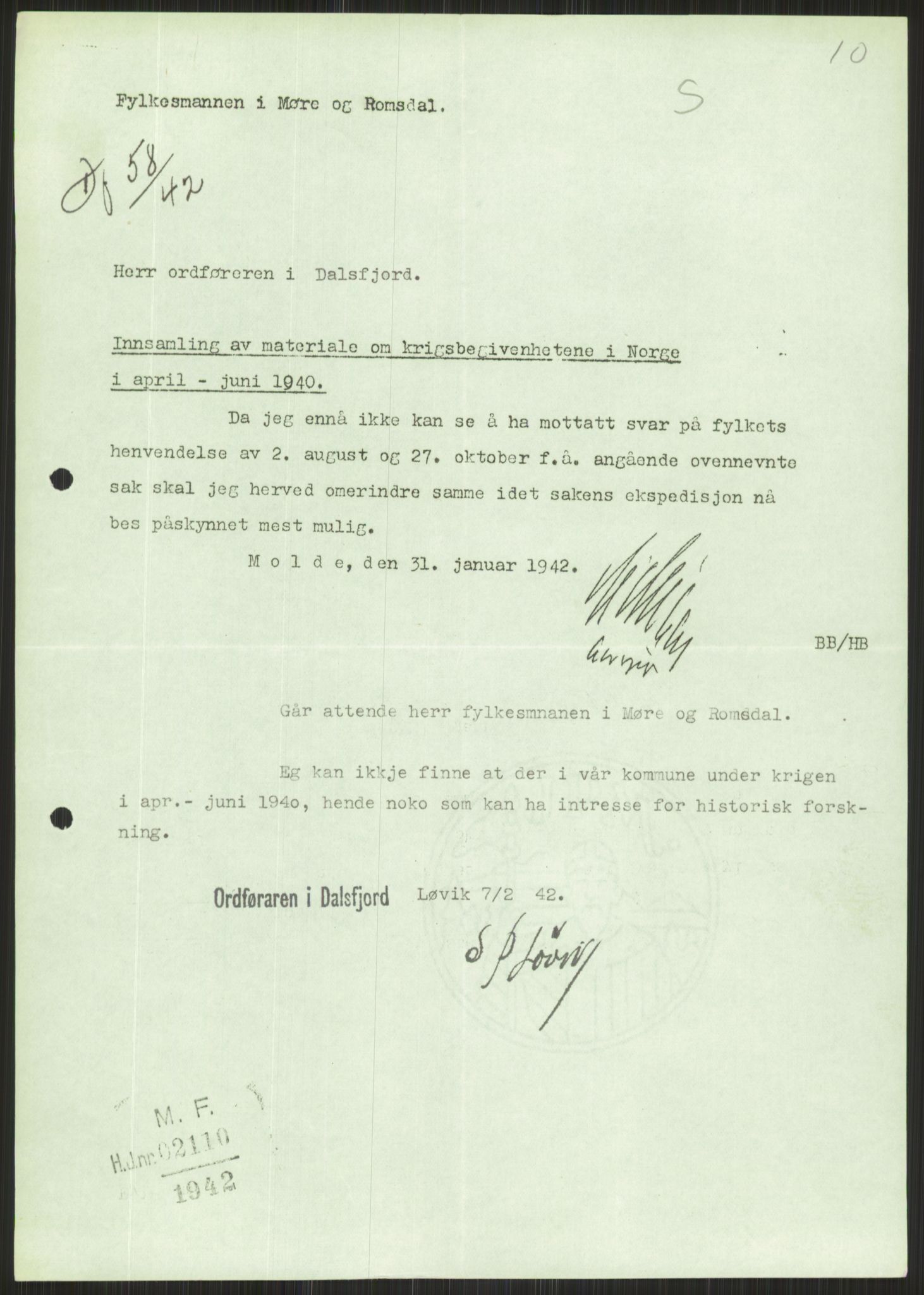 Forsvaret, Forsvarets krigshistoriske avdeling, AV/RA-RAFA-2017/Y/Ya/L0015: II-C-11-31 - Fylkesmenn.  Rapporter om krigsbegivenhetene 1940., 1940, s. 596