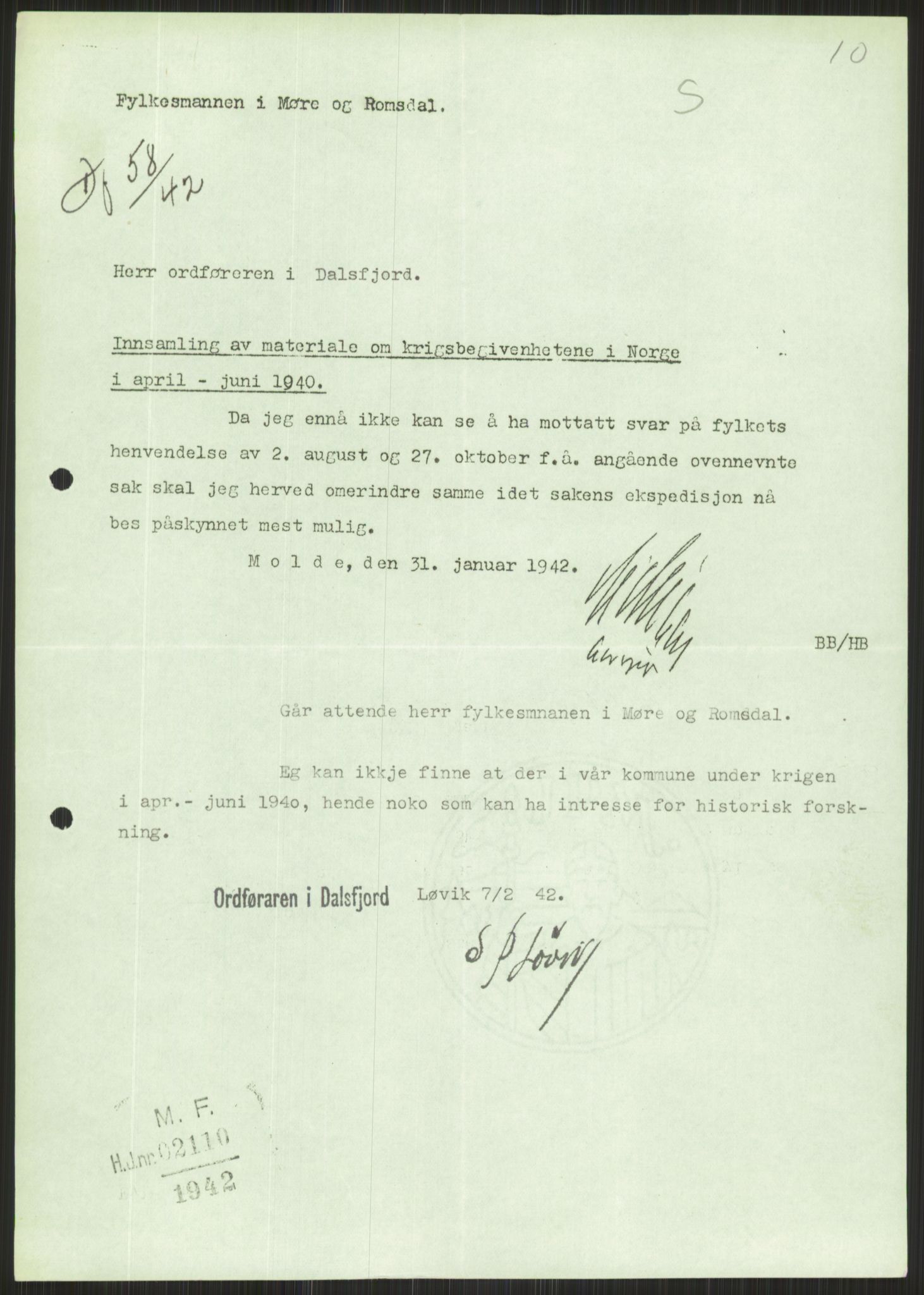 Forsvaret, Forsvarets krigshistoriske avdeling, RA/RAFA-2017/Y/Ya/L0015: II-C-11-31 - Fylkesmenn.  Rapporter om krigsbegivenhetene 1940., 1940, s. 596