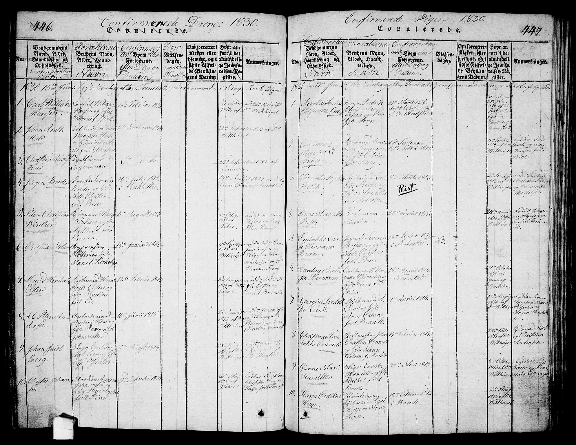 Halden prestekontor Kirkebøker, AV/SAO-A-10909/G/Ga/L0001: Klokkerbok nr. 1, 1815-1833, s. 446-447