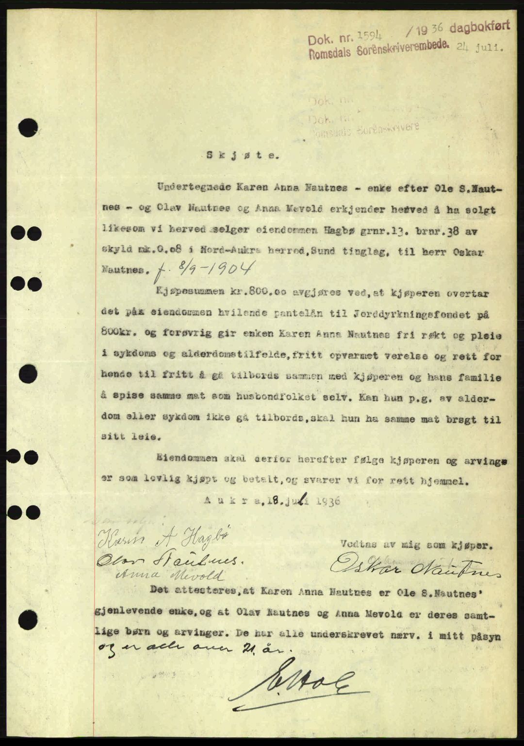 Romsdal sorenskriveri, SAT/A-4149/1/2/2C: Pantebok nr. A1, 1936-1936, Dagboknr: 1594/1936