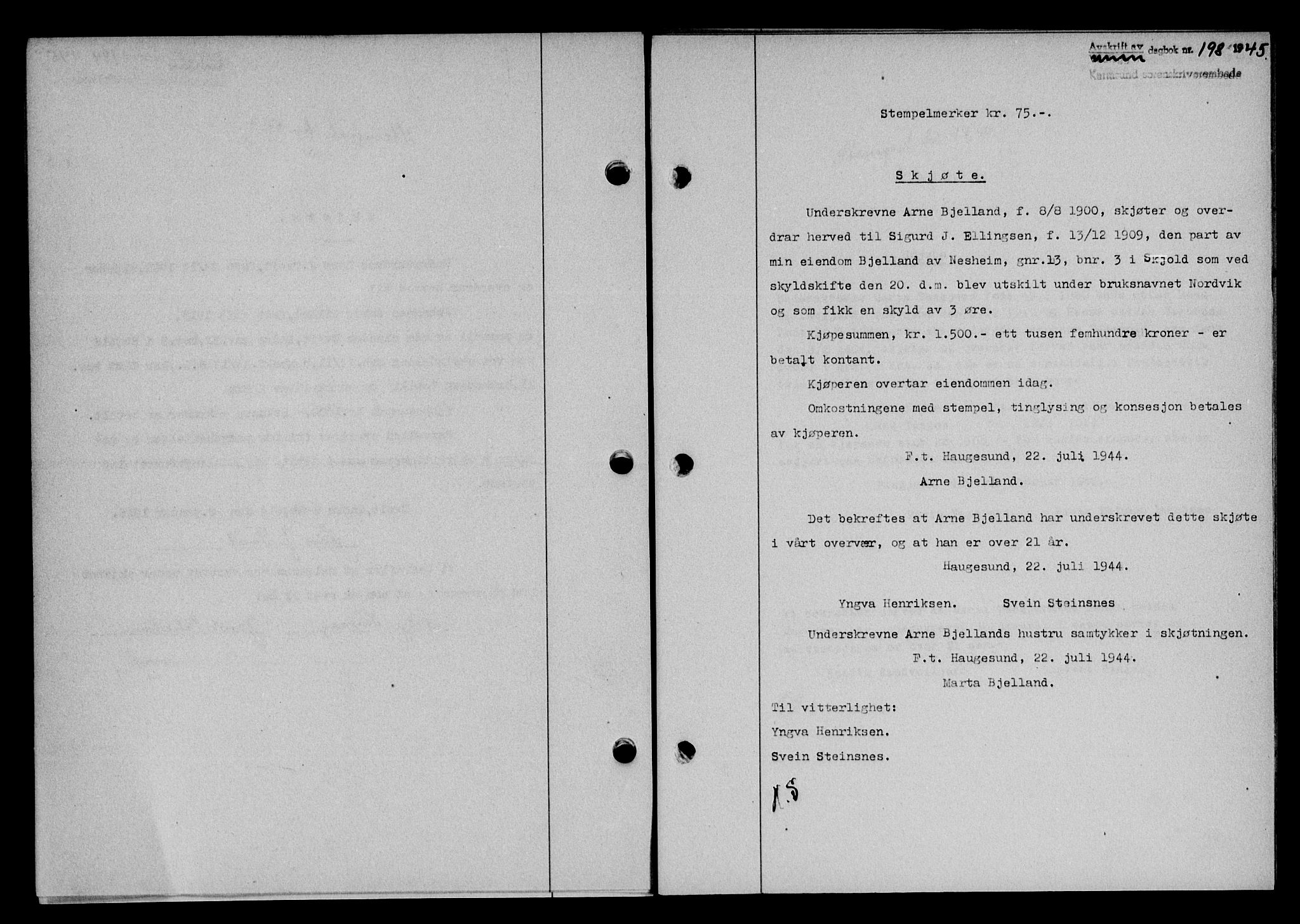 Karmsund sorenskriveri, SAST/A-100311/01/II/IIB/L0083: Pantebok nr. 64A, 1944-1945, Dagboknr: 198/1945