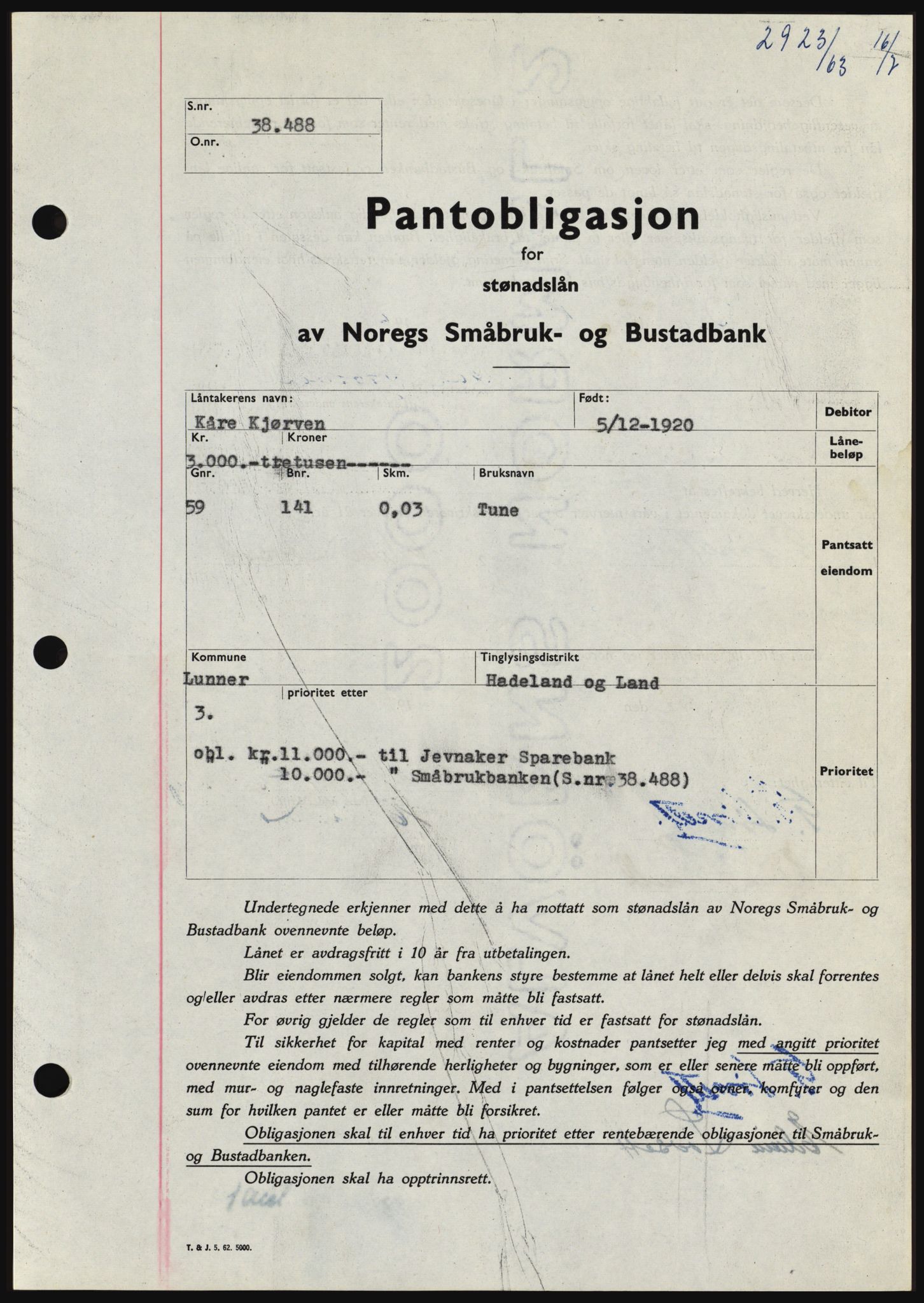 Hadeland og Land tingrett, SAH/TING-010/H/Hb/Hbc/L0052: Pantebok nr. B52, 1963-1963, Dagboknr: 2923/1963