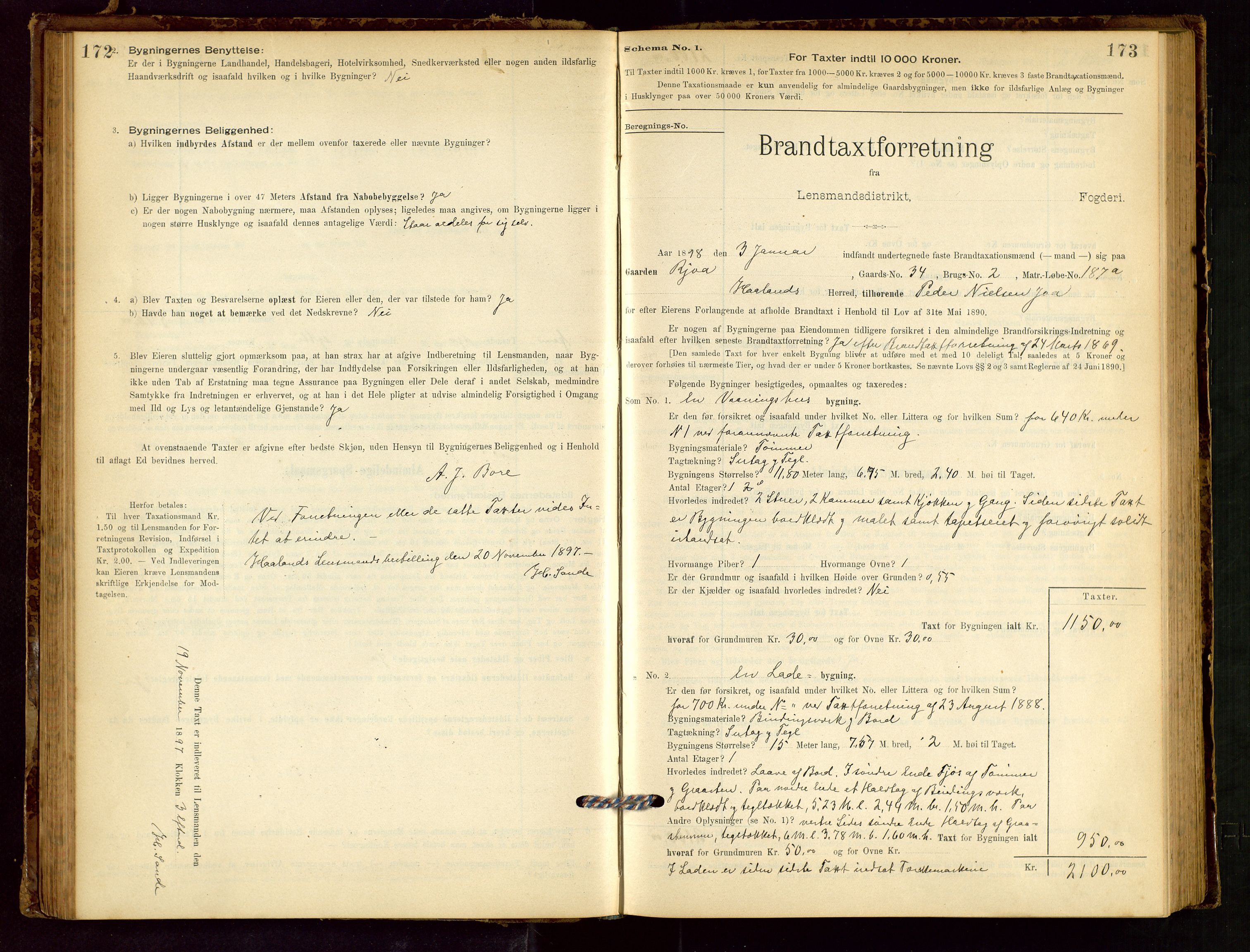 Håland lensmannskontor, SAST/A-100100/Gob/L0001: Branntakstprotokoll - skjematakst. Register i boken., 1894-1902, s. 172-173