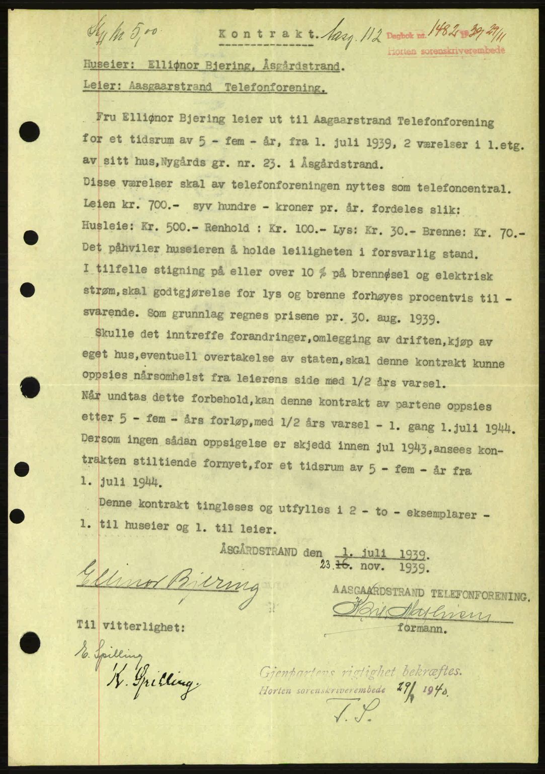 Horten sorenskriveri, SAKO/A-133/G/Ga/Gaa/L0003: Pantebok nr. A-3, 1939-1940, Dagboknr: 1482/1939