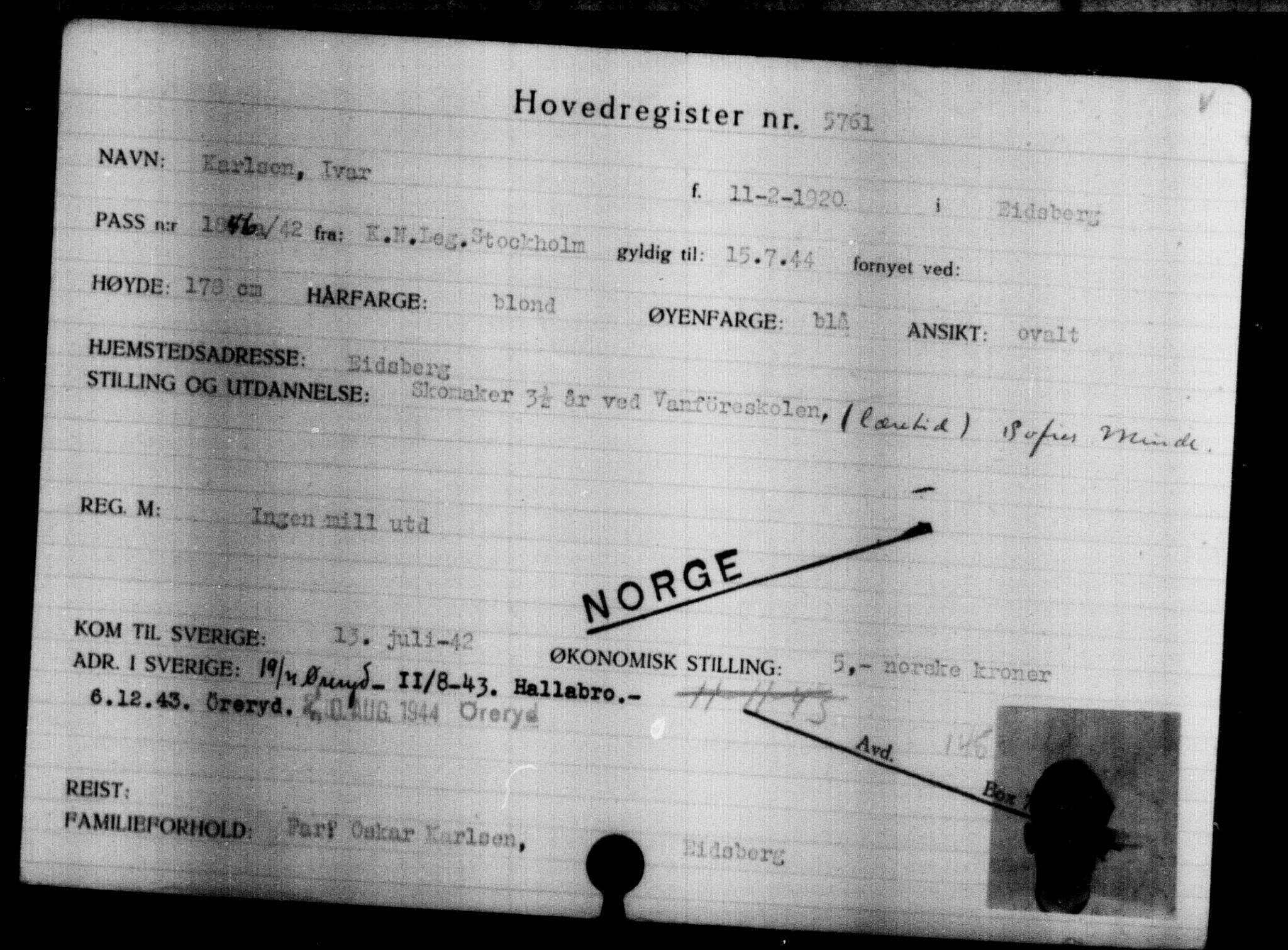 Utenriksstasjonene, Legasjonen i Stockholm, Flyktningkontoret, AV/RA-S-6753/V/Va/L0004: Kjesäterkartoteket, flyktninger med registreringsnr. 3496-6610, 1940-1945, s. 2624