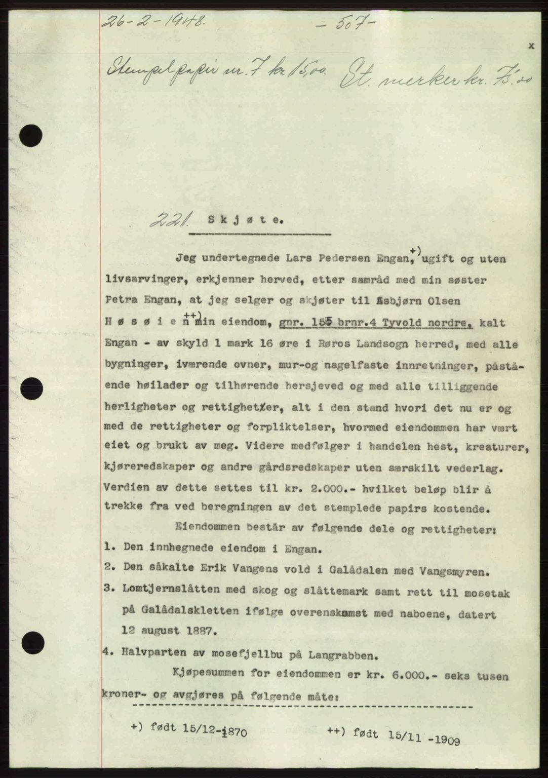 Gauldal sorenskriveri, SAT/A-0014/1/2/2C: Pantebok nr. A5, 1947-1948, Dagboknr: 221/1948